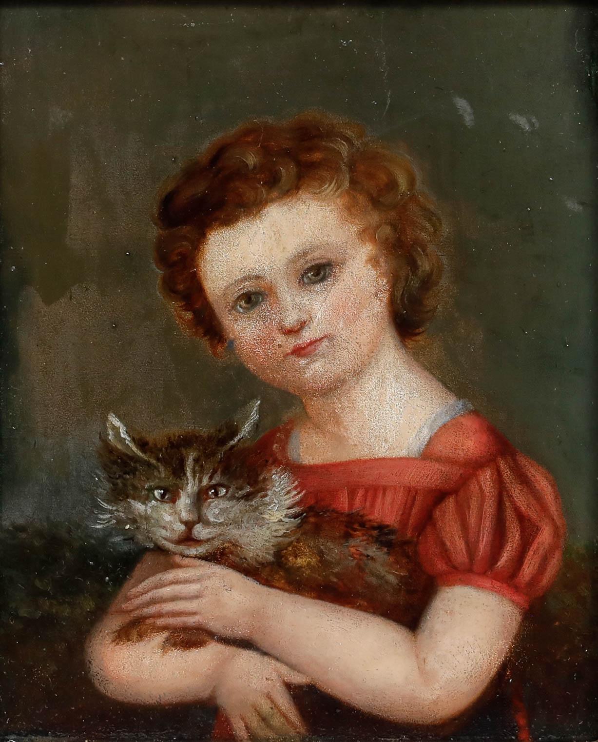 Naive 19th Century Oil - Portrait of a Girl with Cat - Painting by Unknown