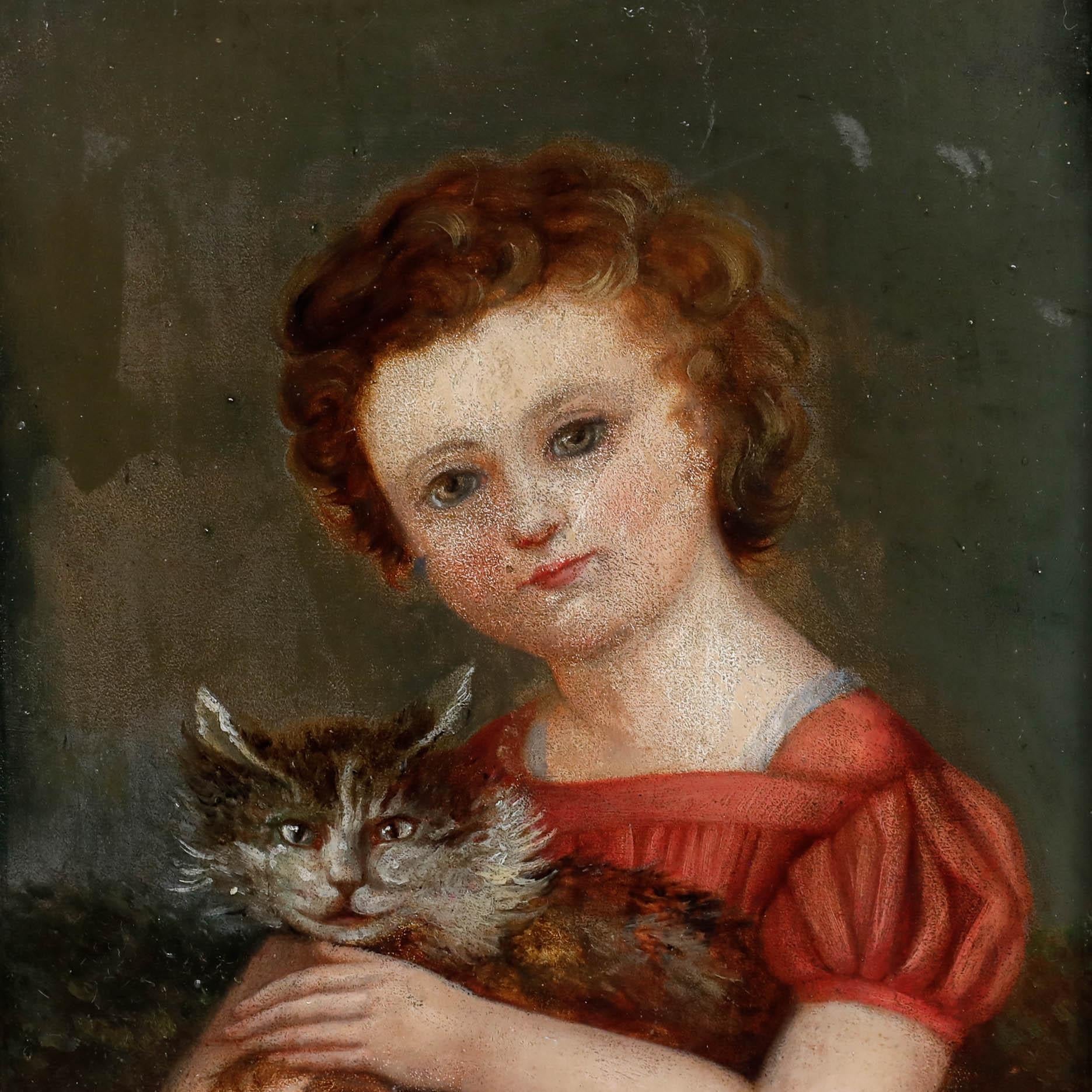 Naive 19th Century Oil - Portrait of a Girl with Cat - Brown Figurative Painting by Unknown