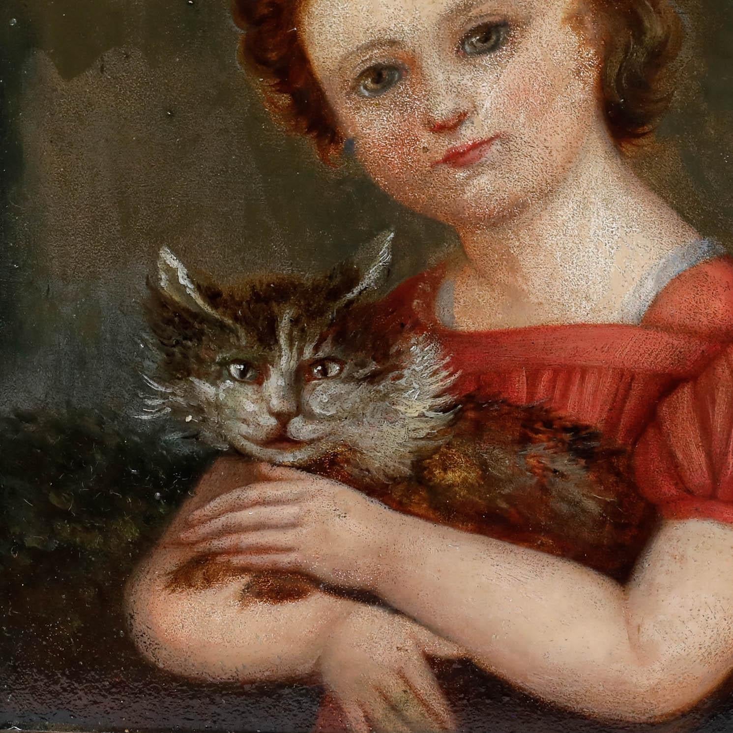 A delightful mid-19th century portrait depicting a young girl with her beloved pet cat. Rendered in a naive style, the artwork nonetheless reveals the artist's careful attention to detail, particularly in the delicate rendering of the cat’s whiskers
