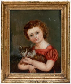 Naive 19th Century Oil - Portrait of a Girl with Cat