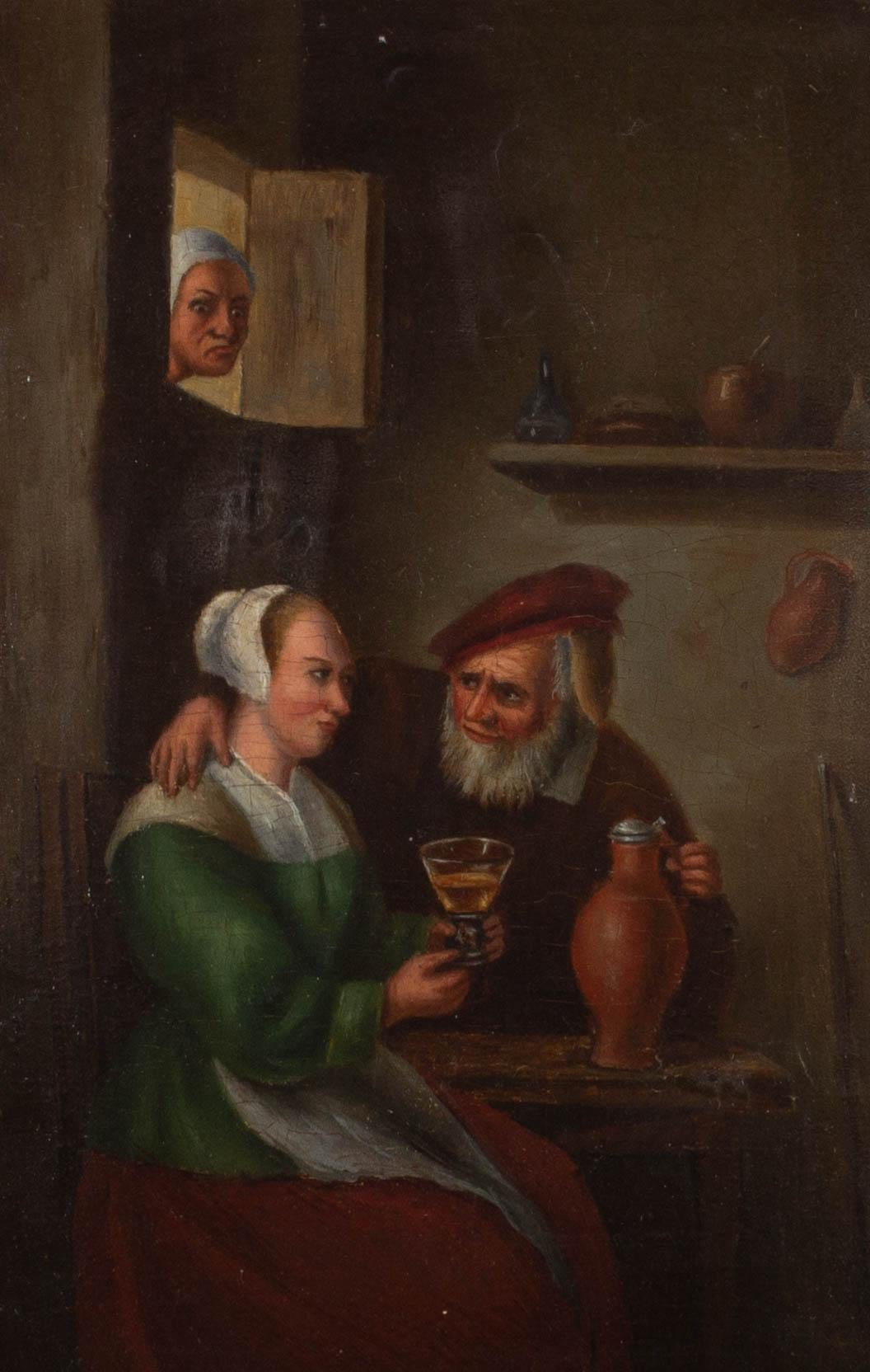 An interior scene in a tavern in the manner of the Dutch artist David Teniers the Younger (1610-1690), the most famous 17th-century painter of peasant life. A woman gazes with a comic rage through a window towards a man, presumably her husband,