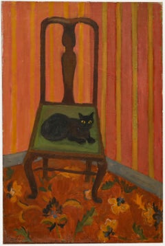 Naive Early 20th Century Oil - Cat on the Queen Anne Chair