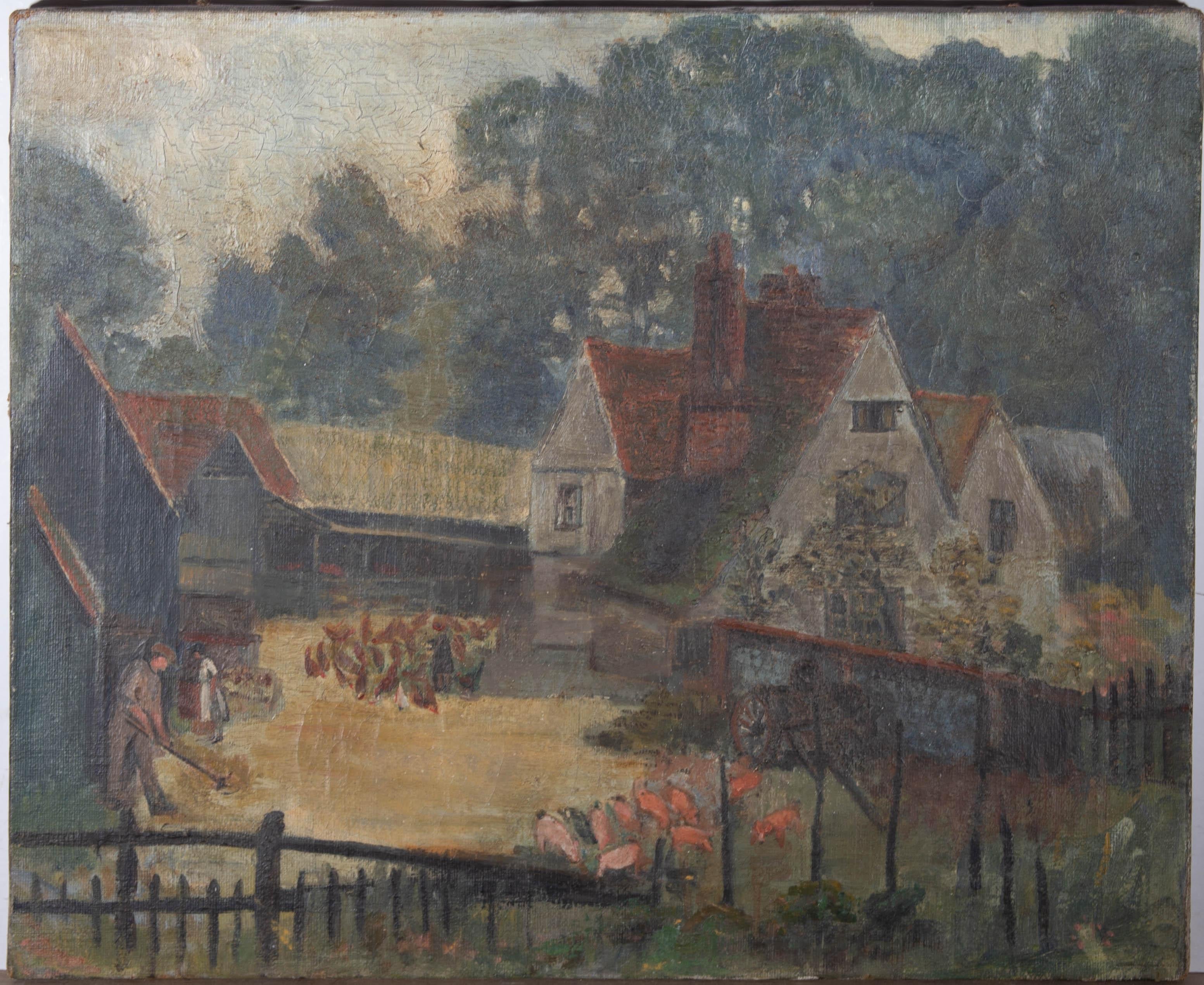 A charmingly rustic and naive scene in oil showing bucolic farm life. A farmer can be seen sweeping the farm yard as his wife busies herself near him. Chickens and pigs feed in the yard next to the farmhouse and barns. On canvas.
