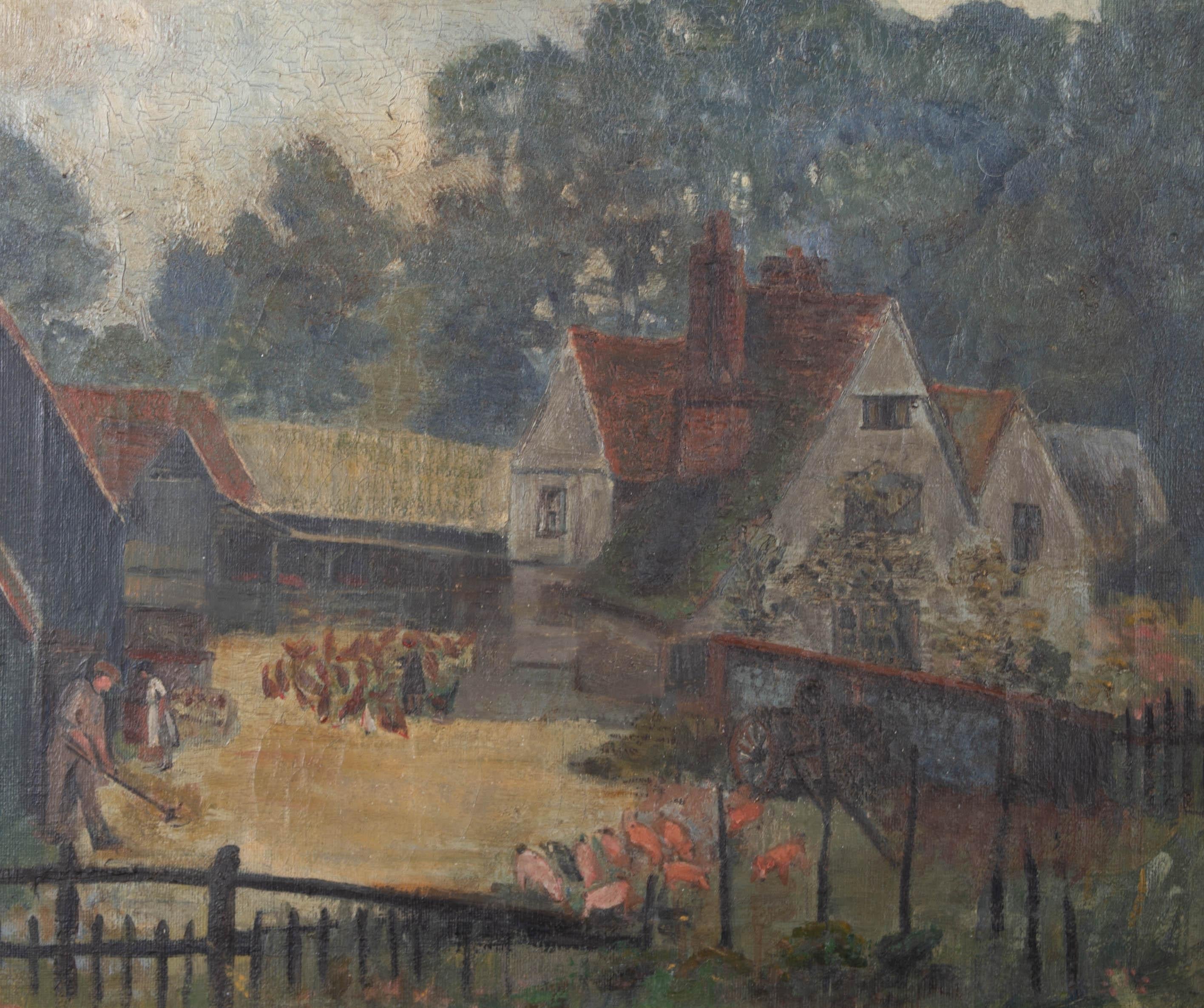 Landscape Painting Unknown - Huile naïve du début du XXe siècle - The Busy Farmyard