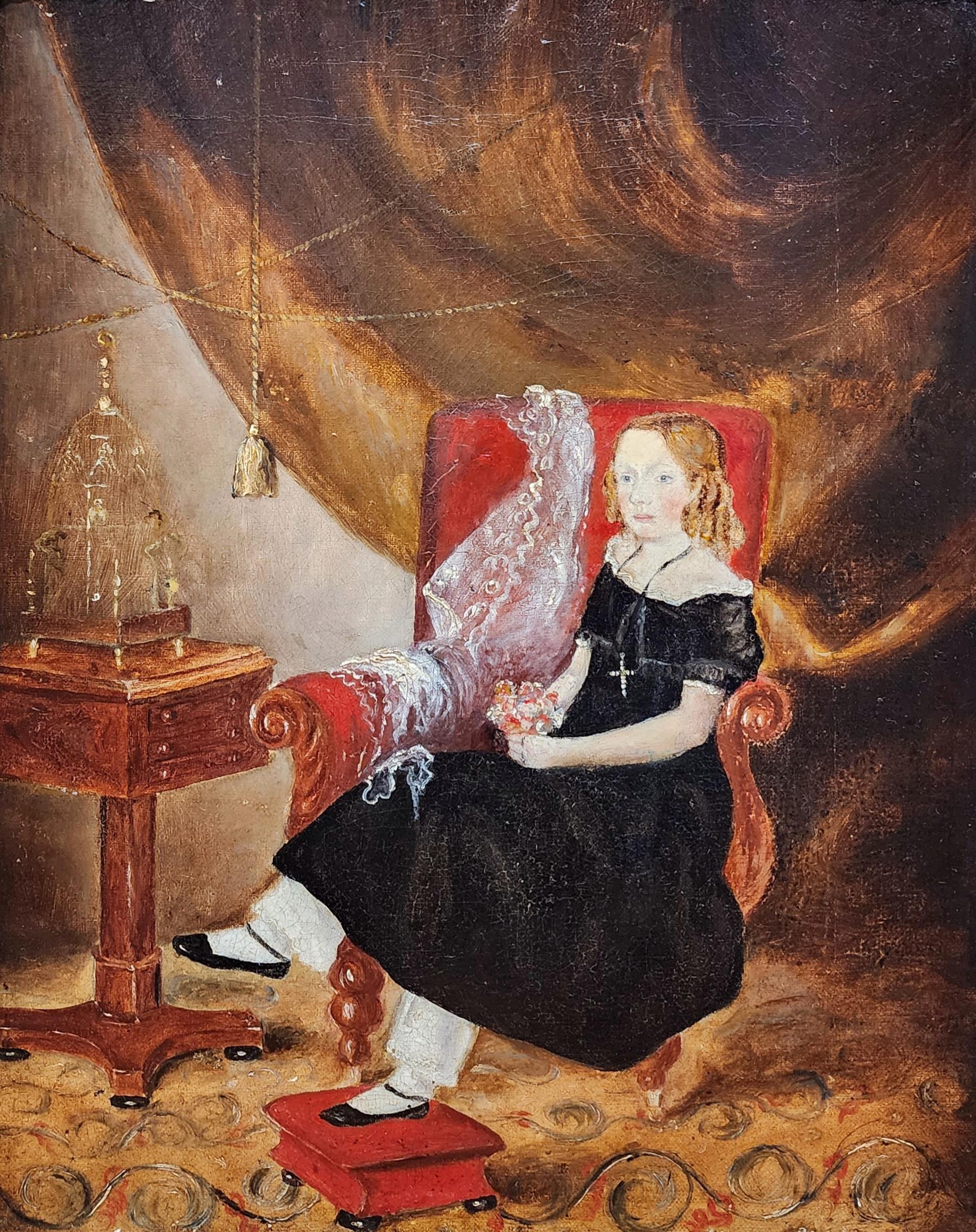 Portrait naïf d'une jeune fille anglaise, vers 1830 Huile sur carton, peinture ancienne - Painting de Unknown