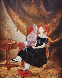 Naive English Portrait of a Girl, circa 1830s Oil on Board, Antique Painting