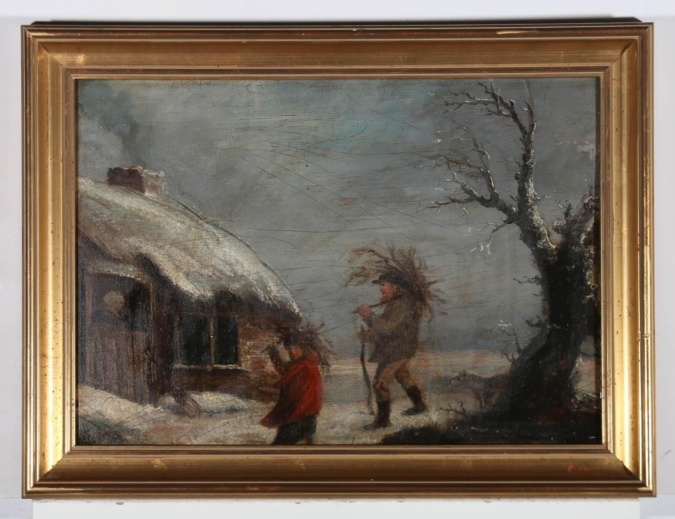 A thoroughly charming 19th Century naive English School oil showing a rural scene with a man and his son returning home to their snow covered cottage with bundles of kindling on the shoulders and their faithful little dog following behind. The young