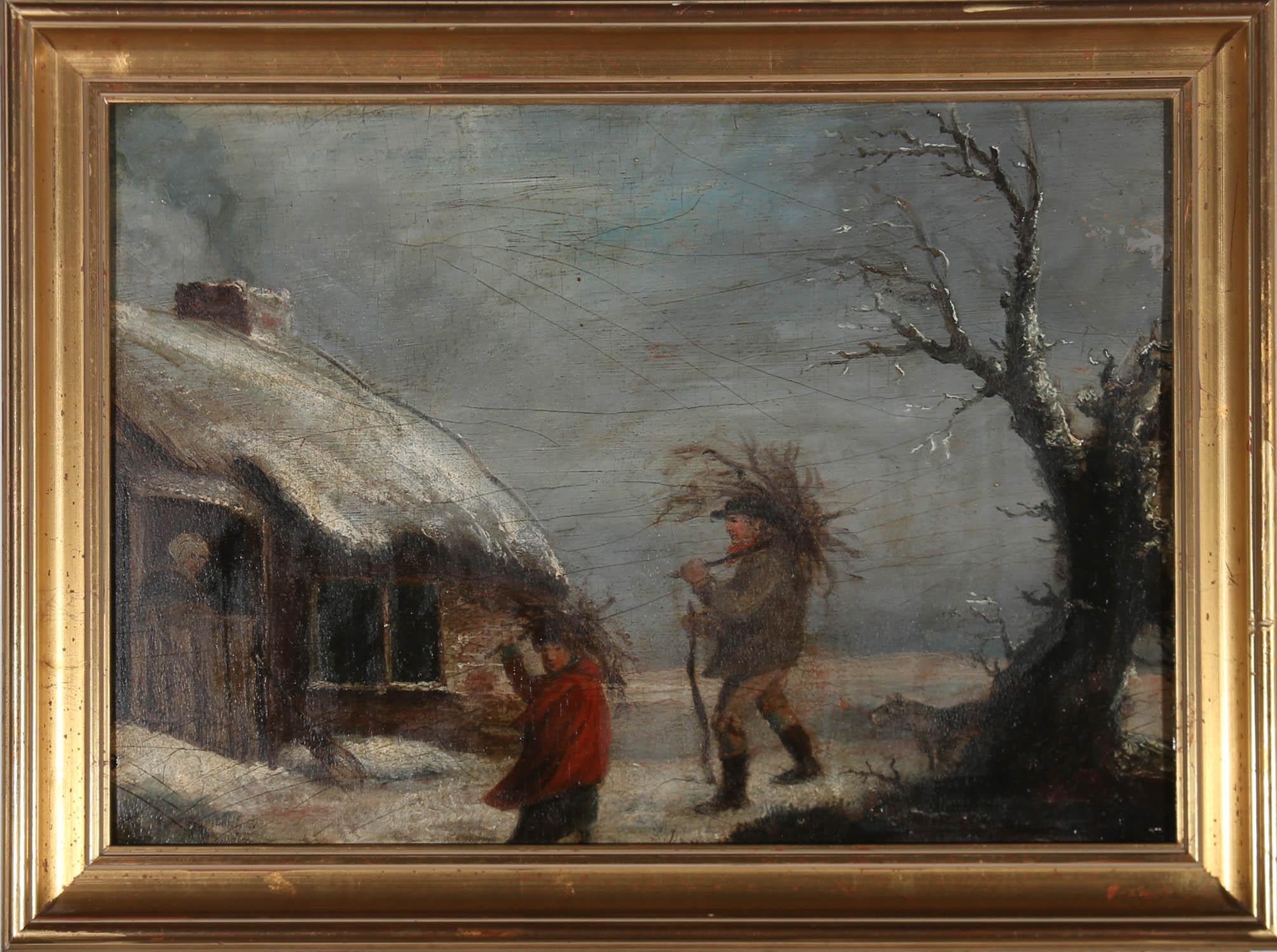 Unknown Figurative Painting - Naive English School 19th Century Oil - Bringing Home The Kindling