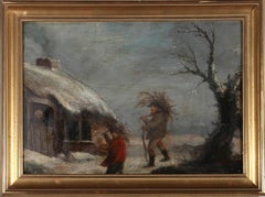 Naive English School 19th Century Oil - Bringing Home The Kindling