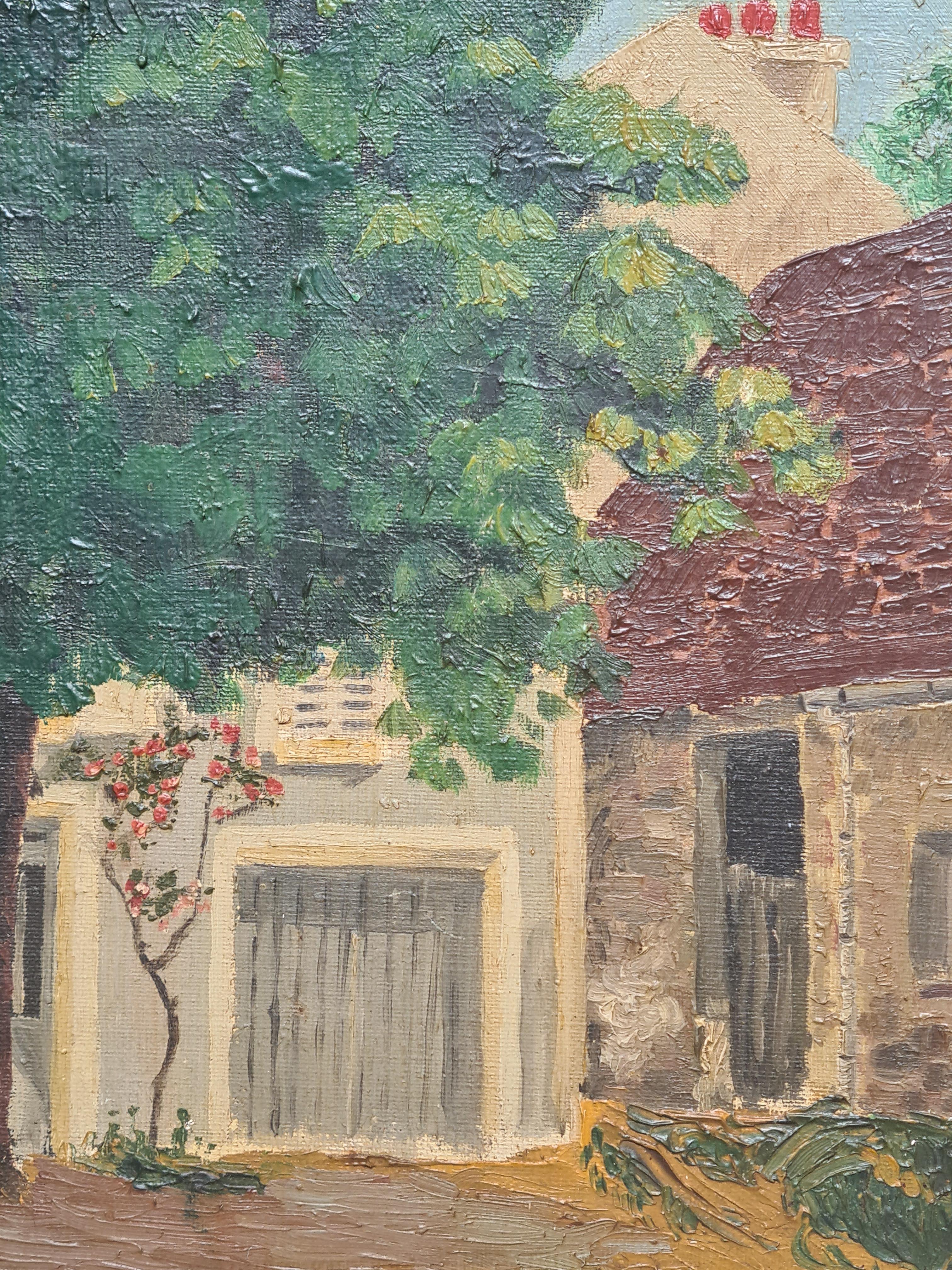 Arte popular ingenuo Escena callejera de pueblo - Landscape Painting Beige de Unknown