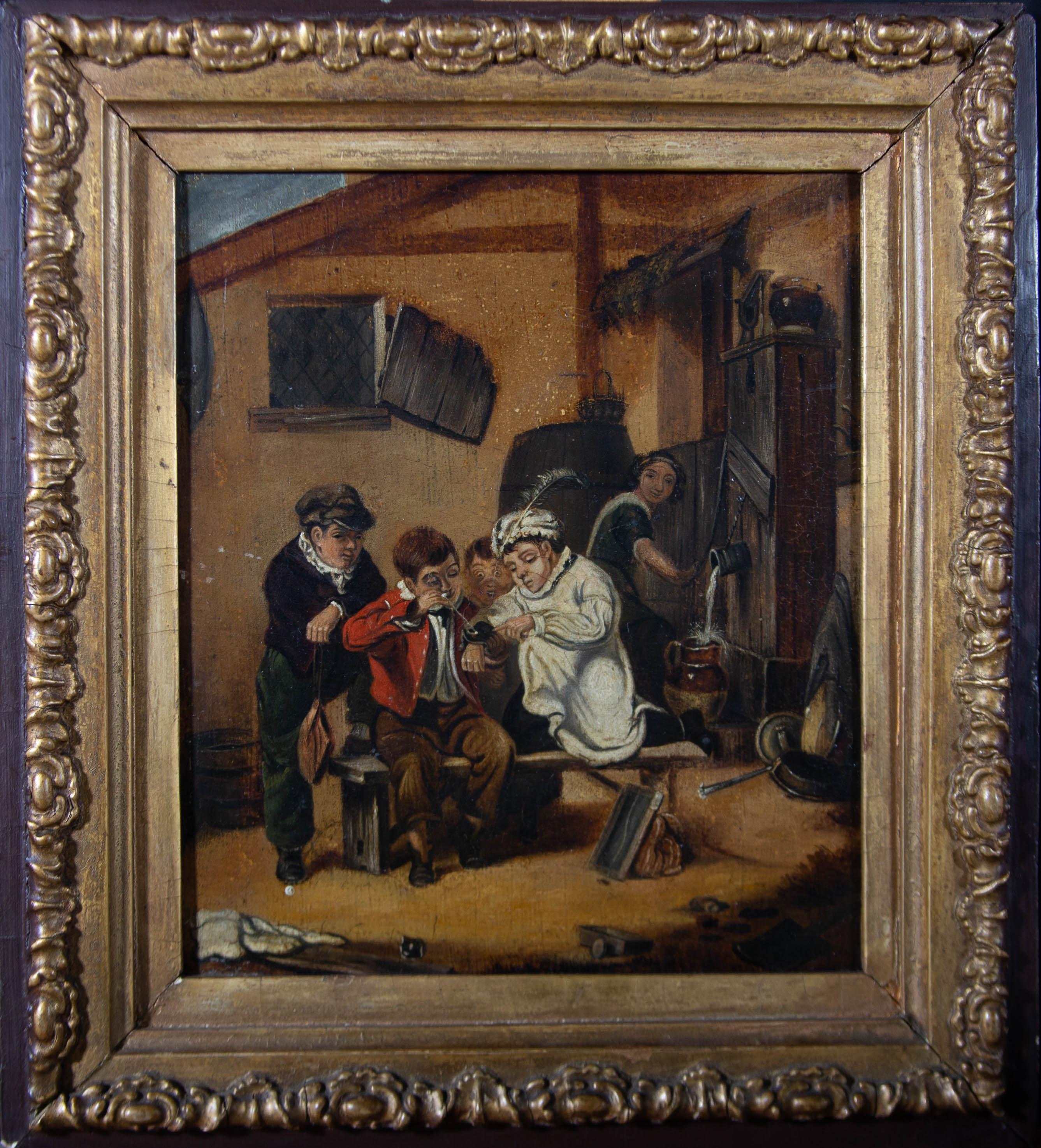 A naive painting in which a group of children scrutinise something on the sleeve of the boy in white. Many elements of the scene humorously suggest a sense of chaos, such as the shutter nearly falling off its hinges and the water bouncing off the