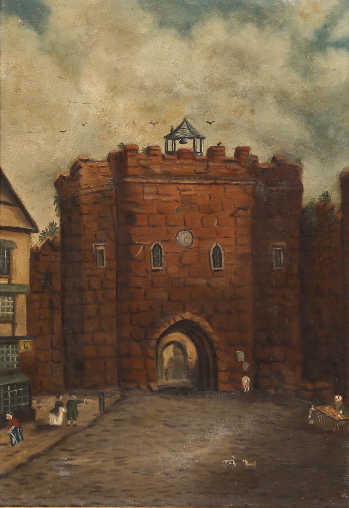 Naive Ölgemälde des späten 19. Jahrhunderts – Das Torhaus – Painting von Unknown