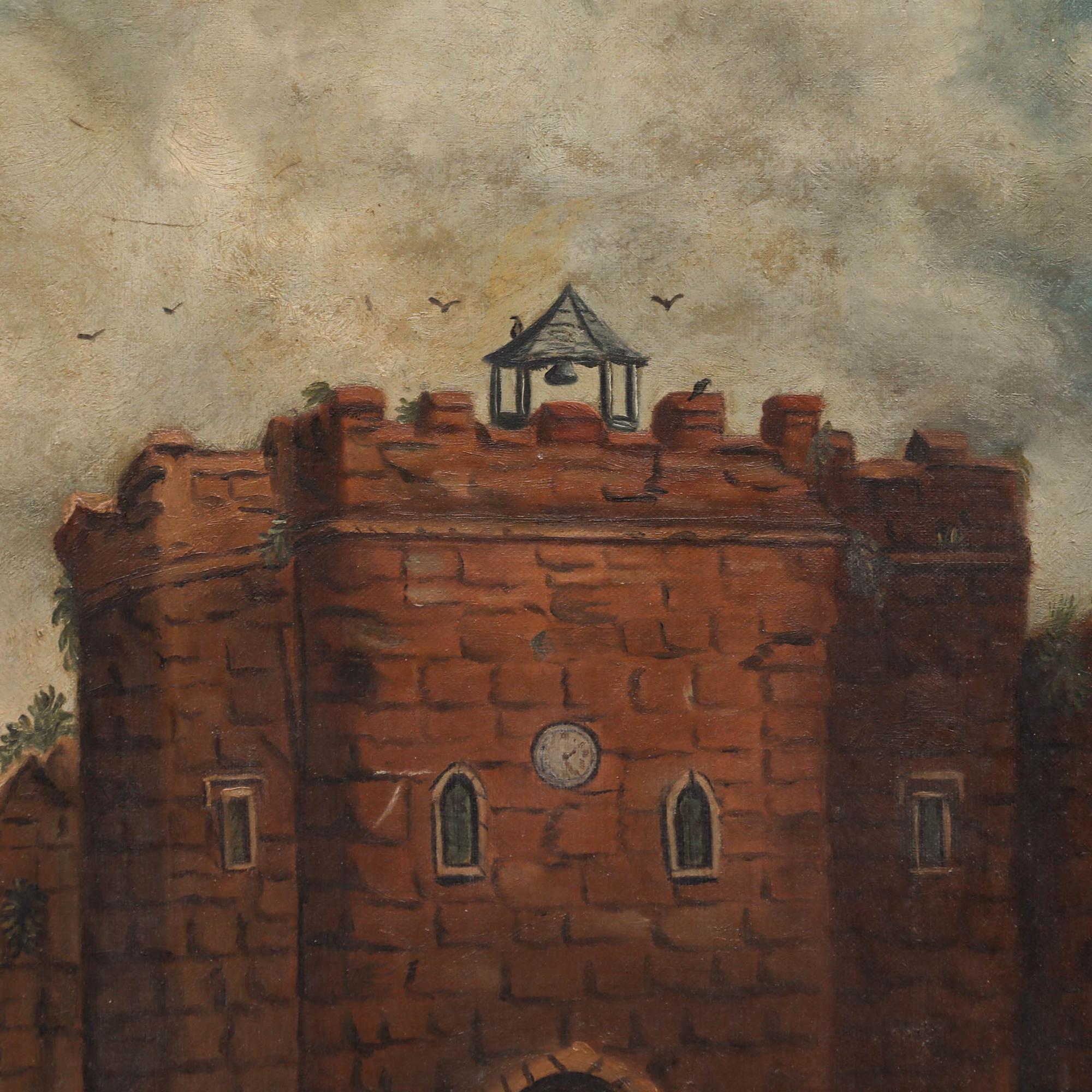 Naive Ölgemälde des späten 19. Jahrhunderts – Das Torhaus (Braun), Landscape Painting, von Unknown