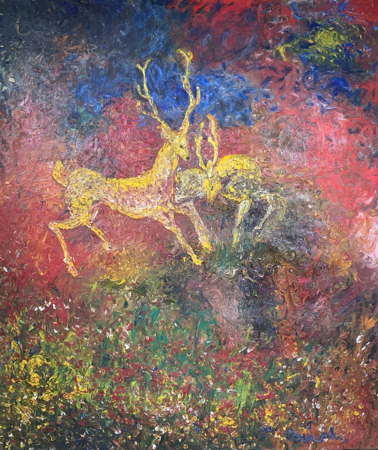Unknown Naive Magical Realist Surrealist Stags Deer Painting For