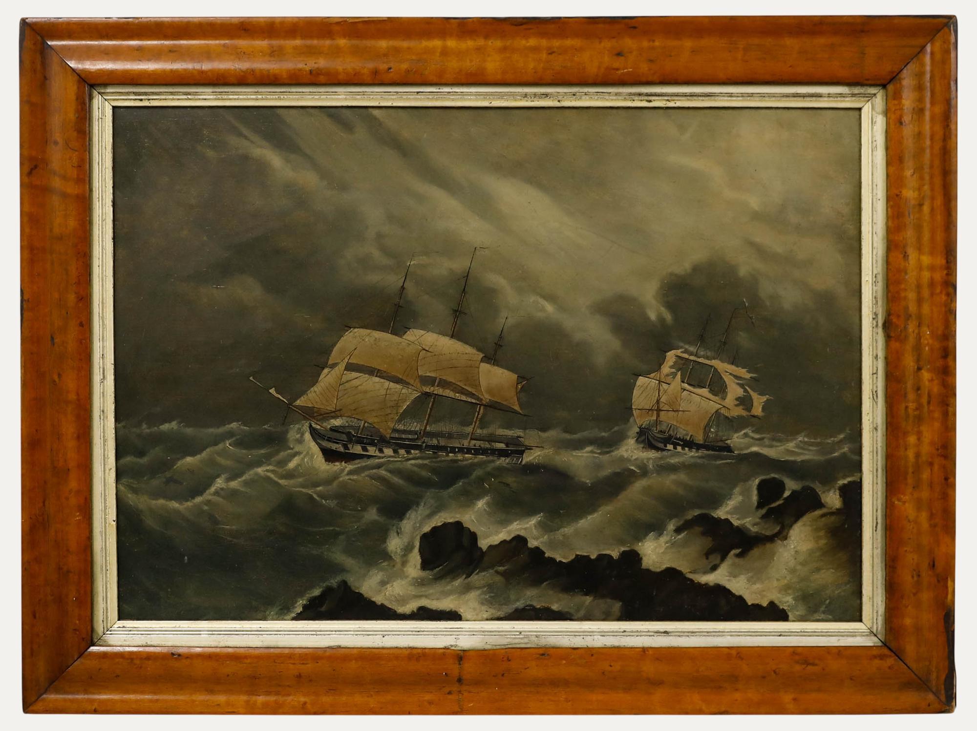Unknown Landscape Painting - Naive Marine School c.1900 Oil - Rough Waters