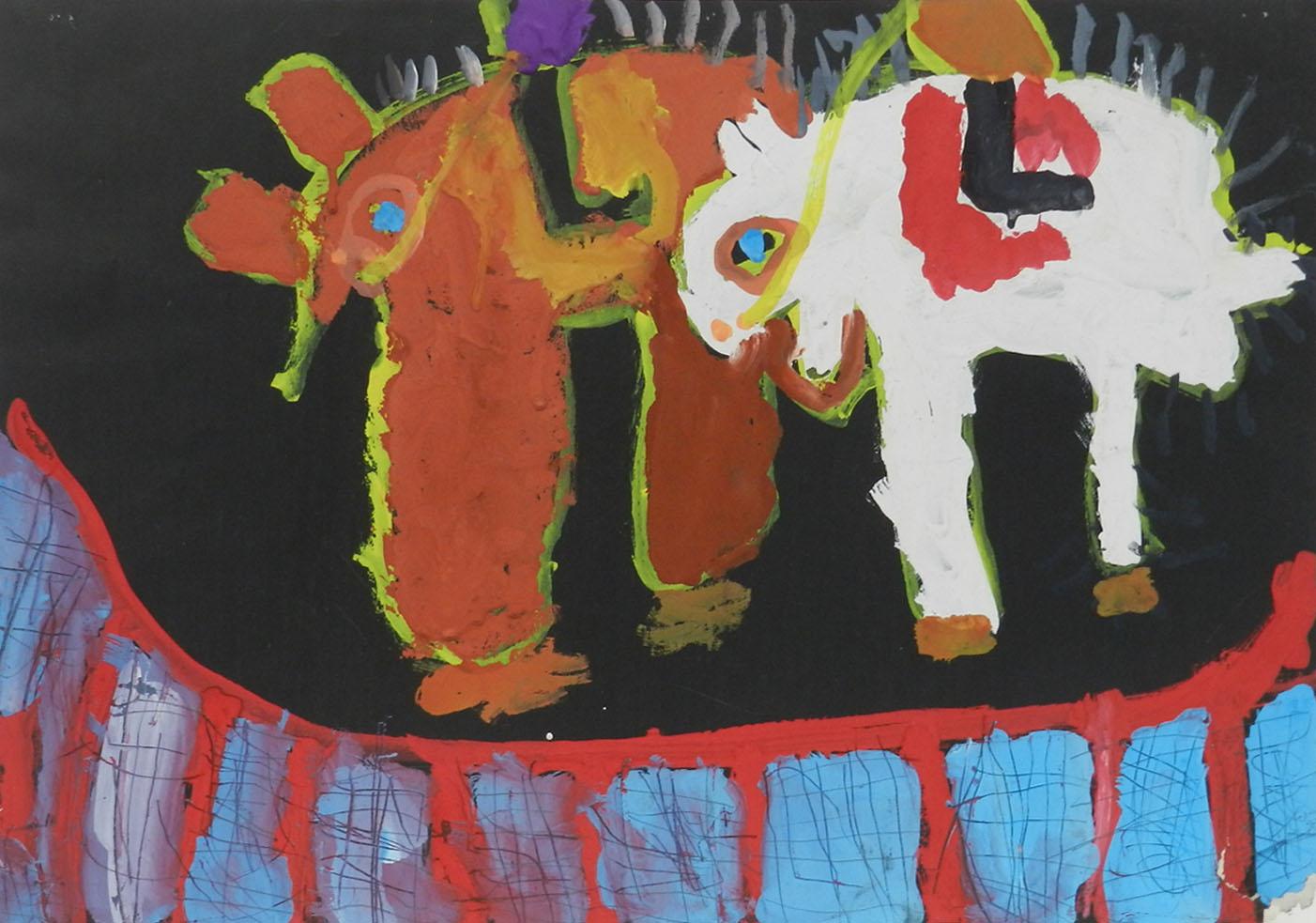 Unknown Animal Painting - Naive Painting of Animals c1962 by Chinese School Child 