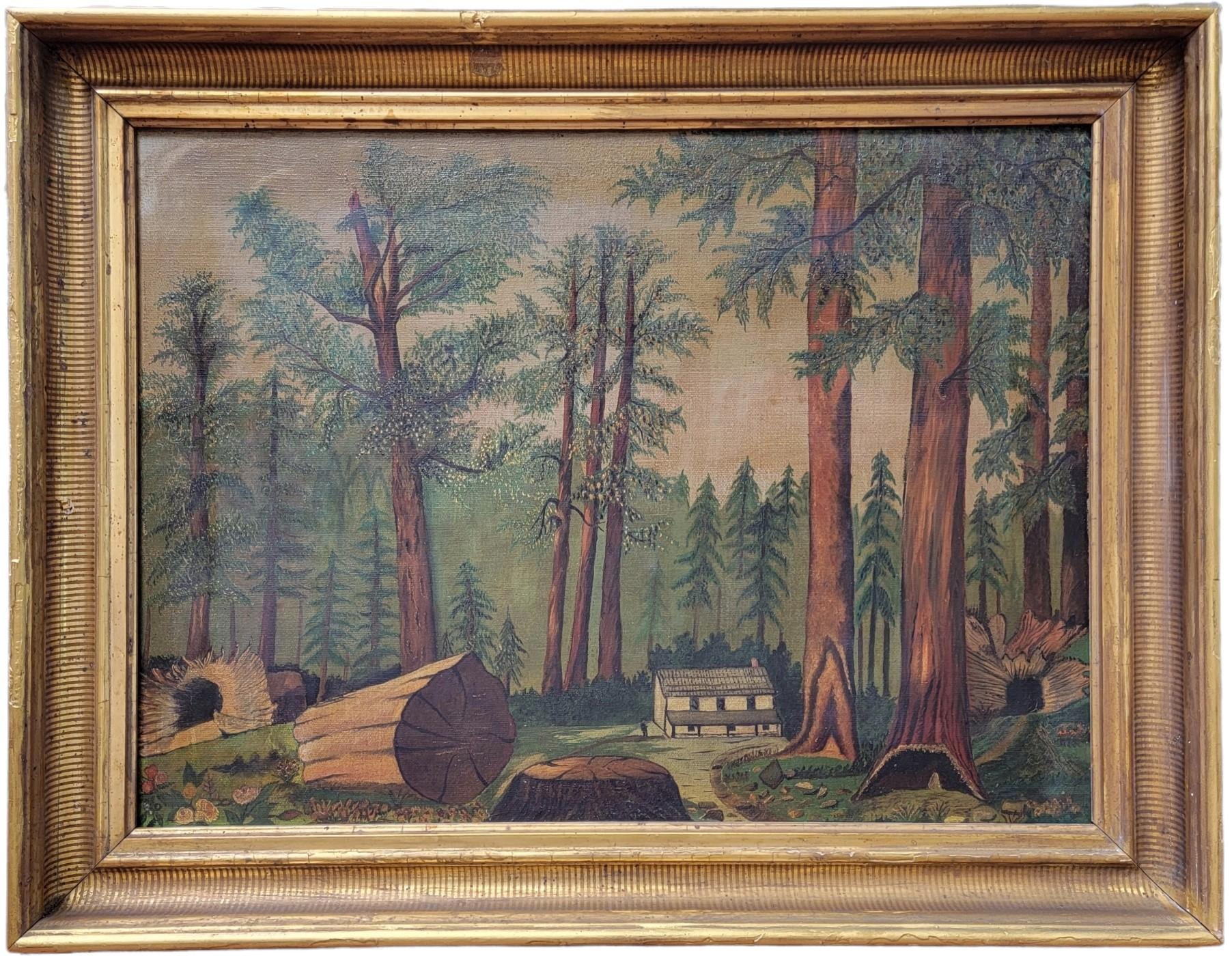 Unknown Landscape Painting - Naïve Painting of Redwood Trees, 1870s, Folk Art, Cabin Art. Giant Sequoia