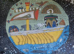Naive Reverse Painting on Glass Noahs Ark early 20th century North African
