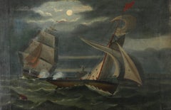 Naive School 19th Century Oil - Battle in a Nocturnal Storm