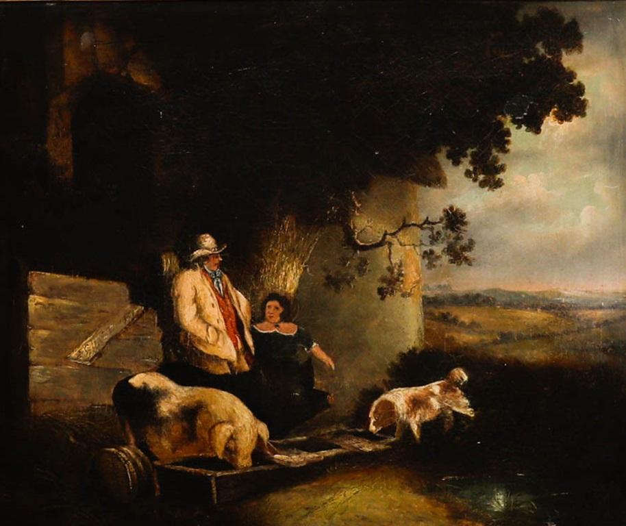 Ölgemälde der naiven Schule des frühen 19. Jahrhunderts – The Farmstead – Painting von Unknown