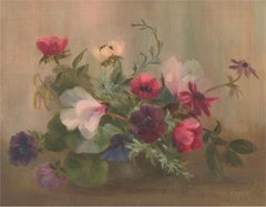 Nan Parker - Huile du milieu du XXe siècle, nature morte, fleurs roses