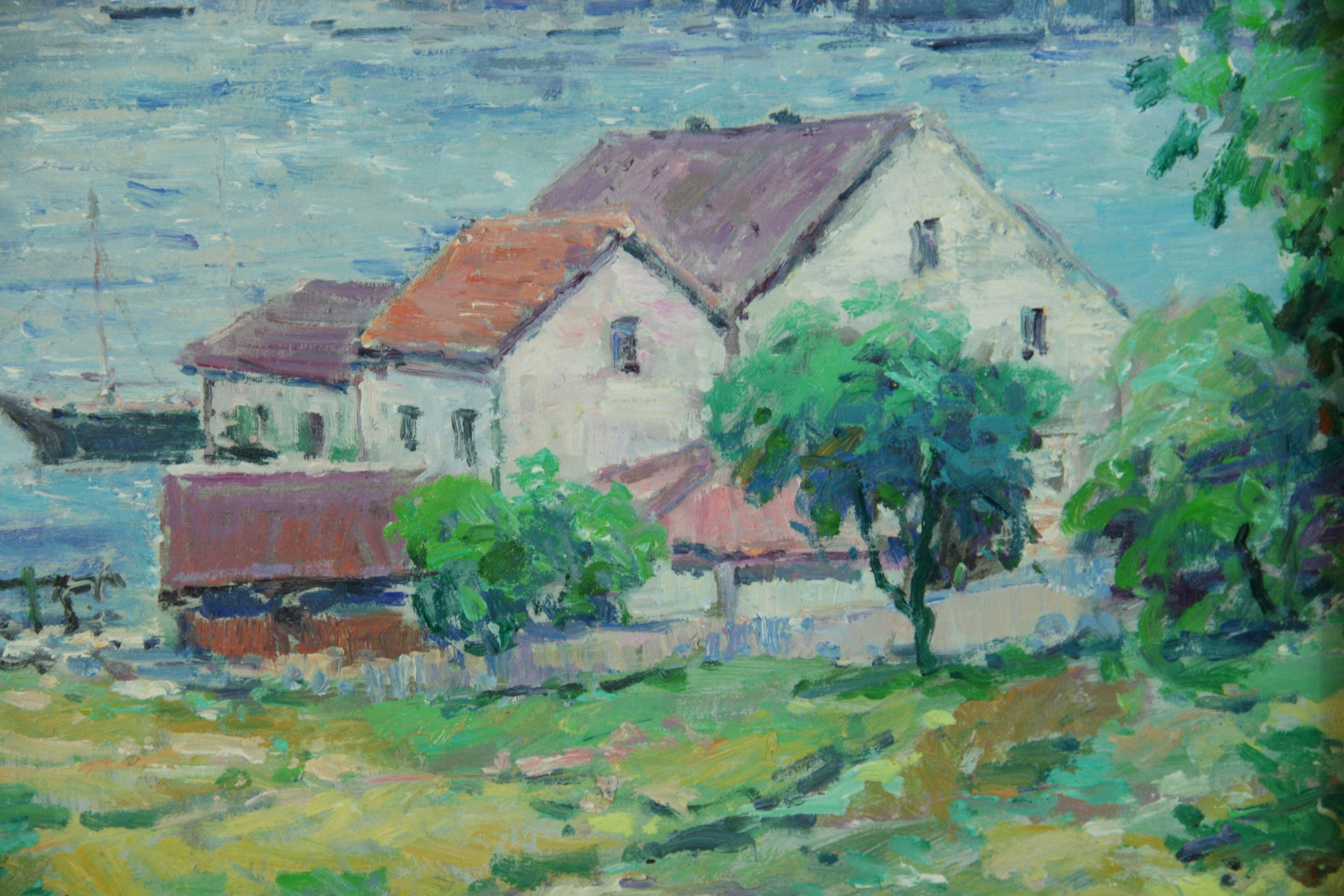 6097 Hafenblick Ölgemälde in Pastellfarben in einem eigenen vergoldeten Holzrahmen
Bildgröße 23.5x19.5