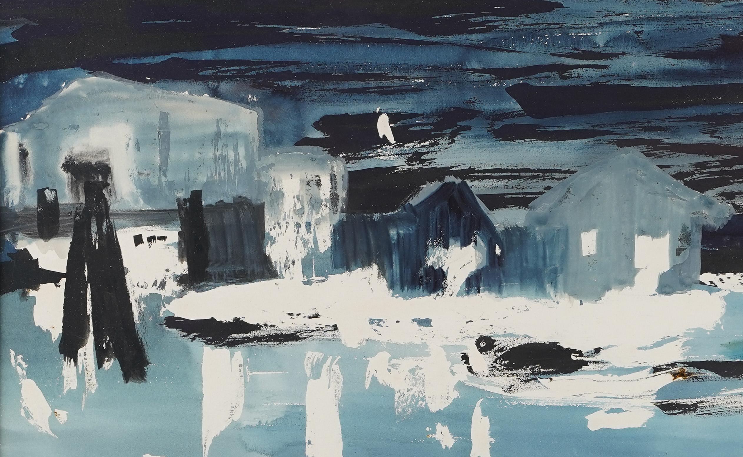 Pintura nocturna modernista vintage. Acuarela y gouache sobre papel.  Alojada en un marco de época.  Tamaño de la imagen, 28L x 19H.  Firmado.
