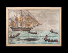 Escena ballenera de Nantucket, Escuela americana del siglo XIX - Óleo sobre tabla