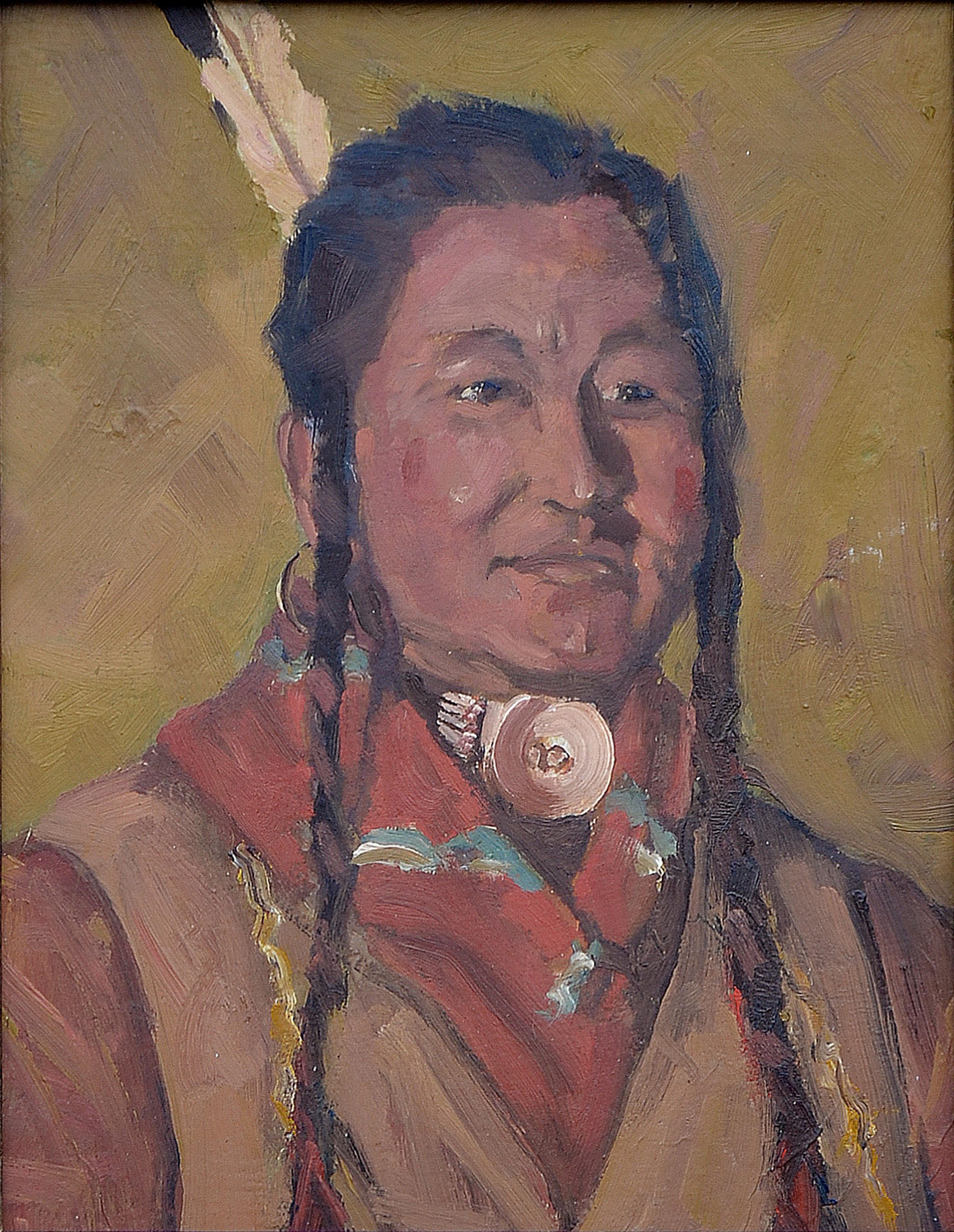 Portrait of a Native American Man with Shell Necklace - Painting by Unknown