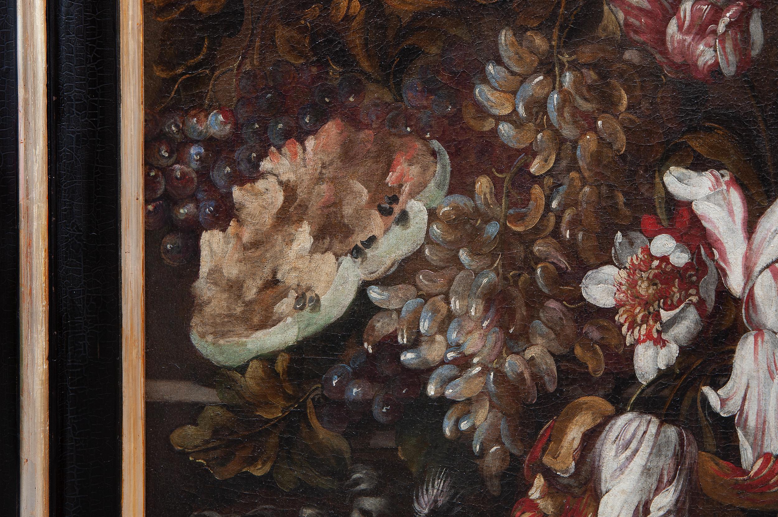 Still life with flowers, fruits, historiated vases, a parrot and a monkey  For Sale 6