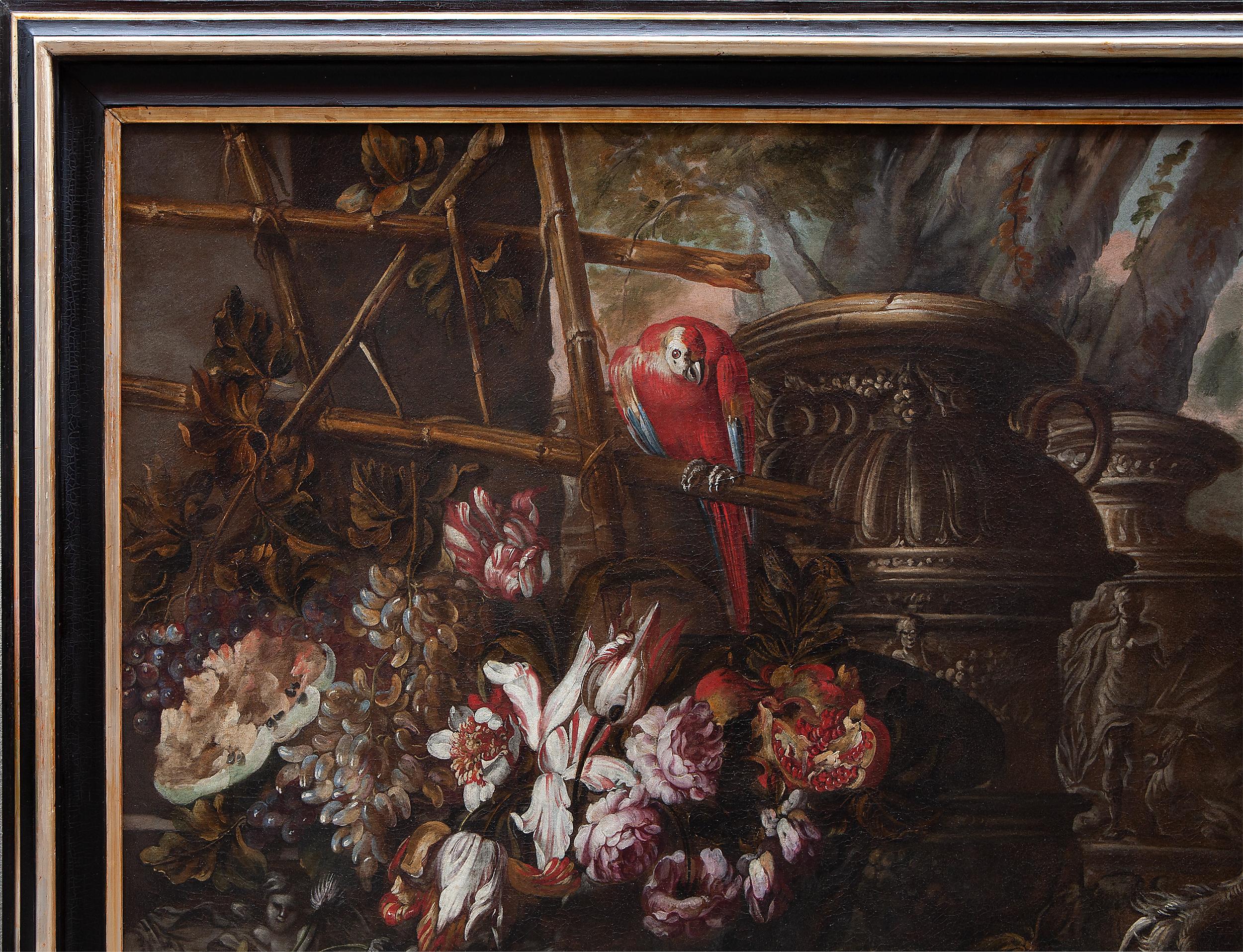 Still life with flowers, fruits, historiated vases, a parrot and a monkey  For Sale 7
