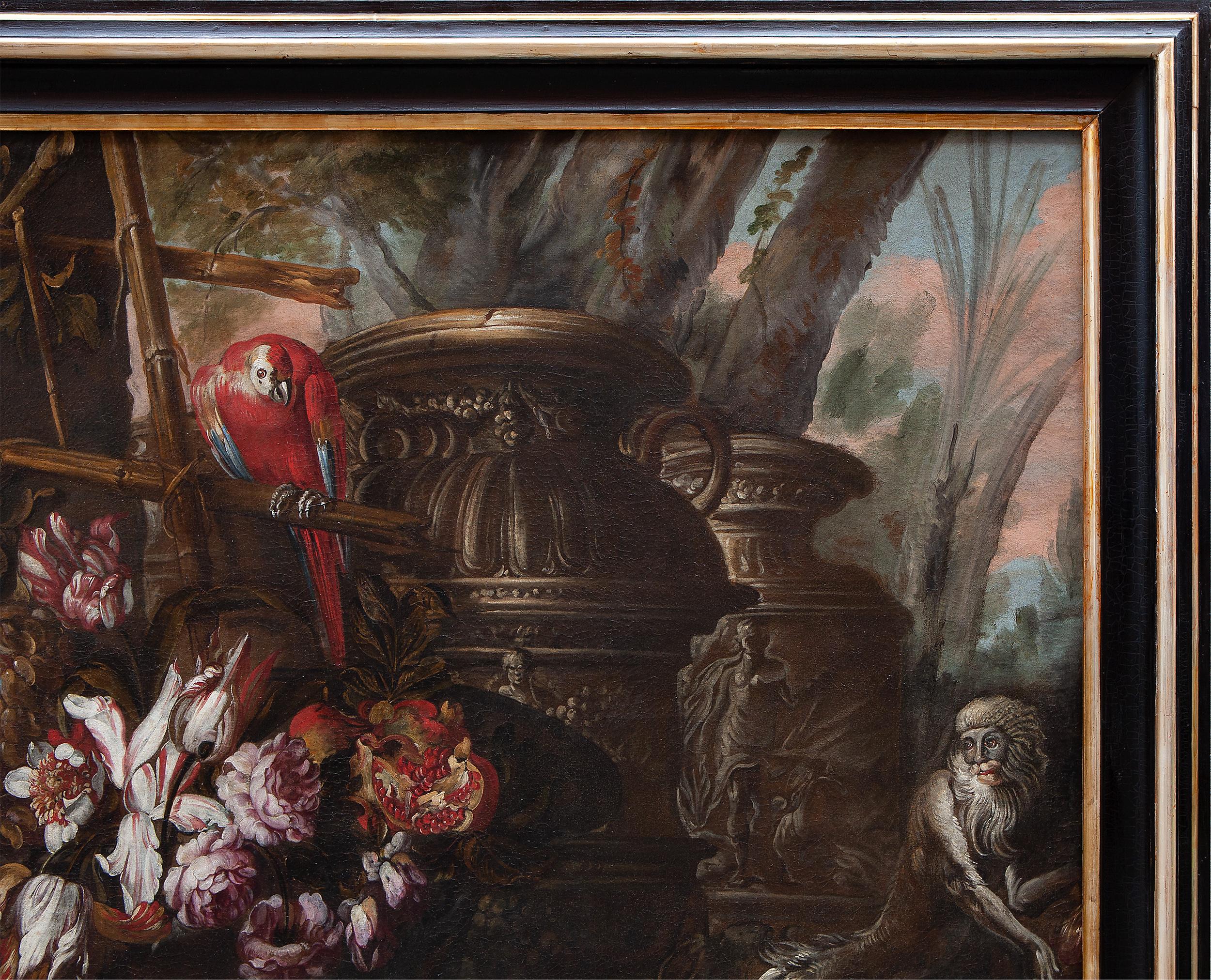 Still life with flowers, fruits, historiated vases, a parrot and a monkey  For Sale 8