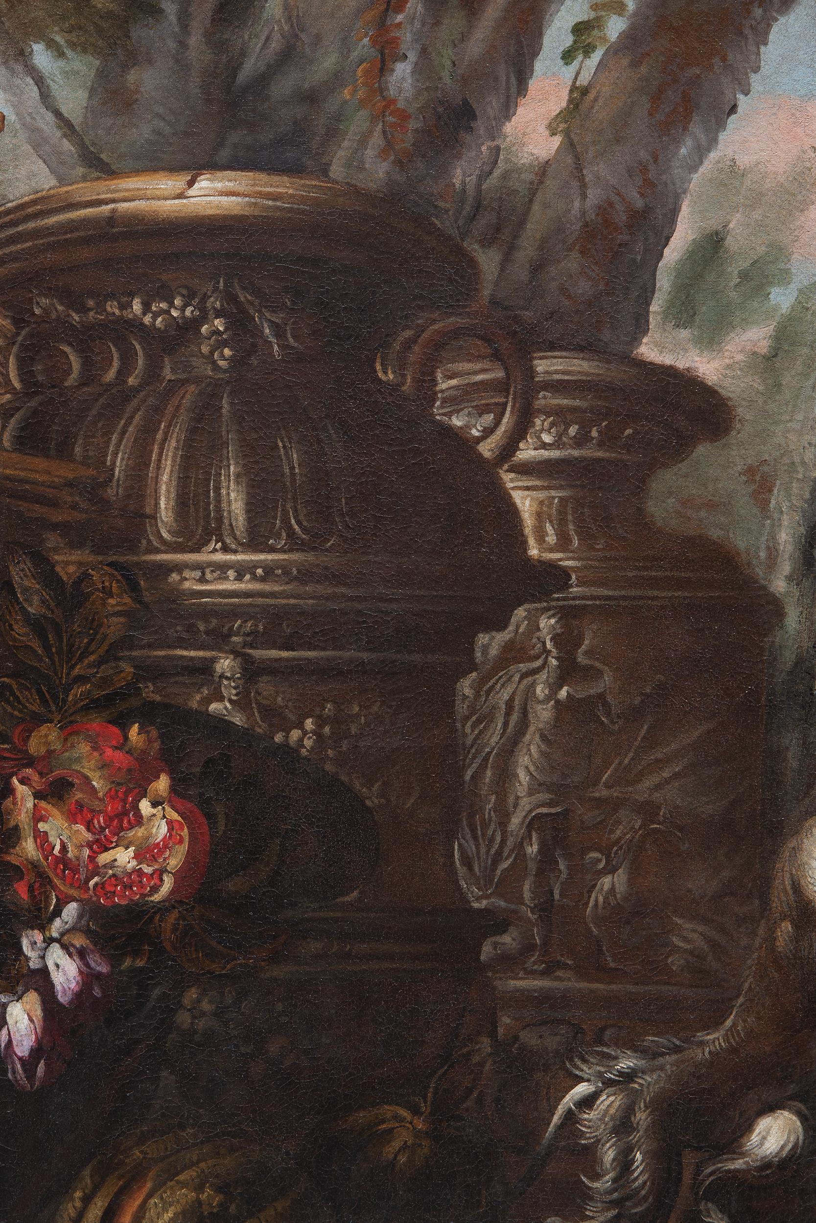 Still life with flowers, fruits, historiated vases, a parrot and a monkey  For Sale 11