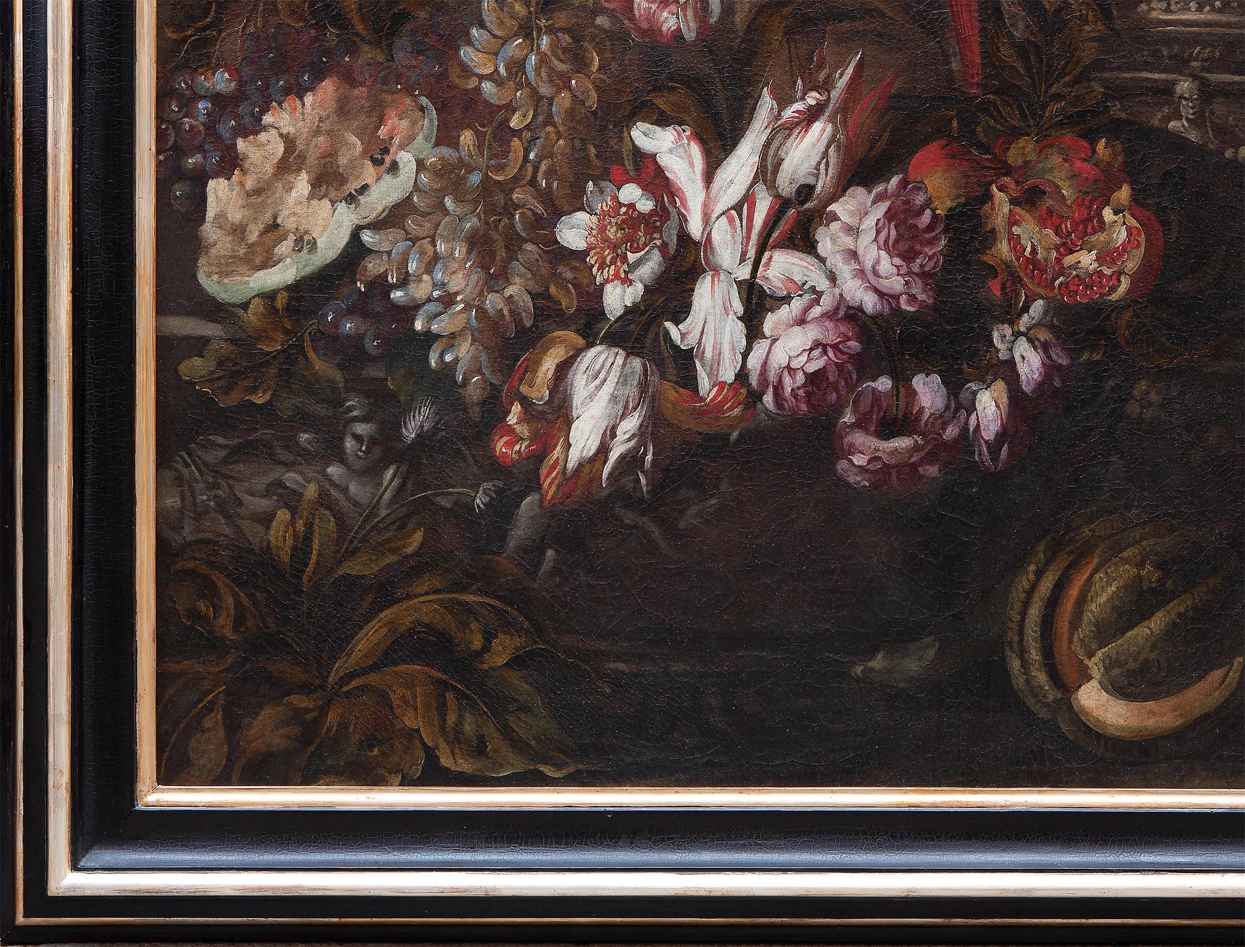 Still life with flowers, fruits, historiated vases, a parrot and a monkey  - Painting by Unknown