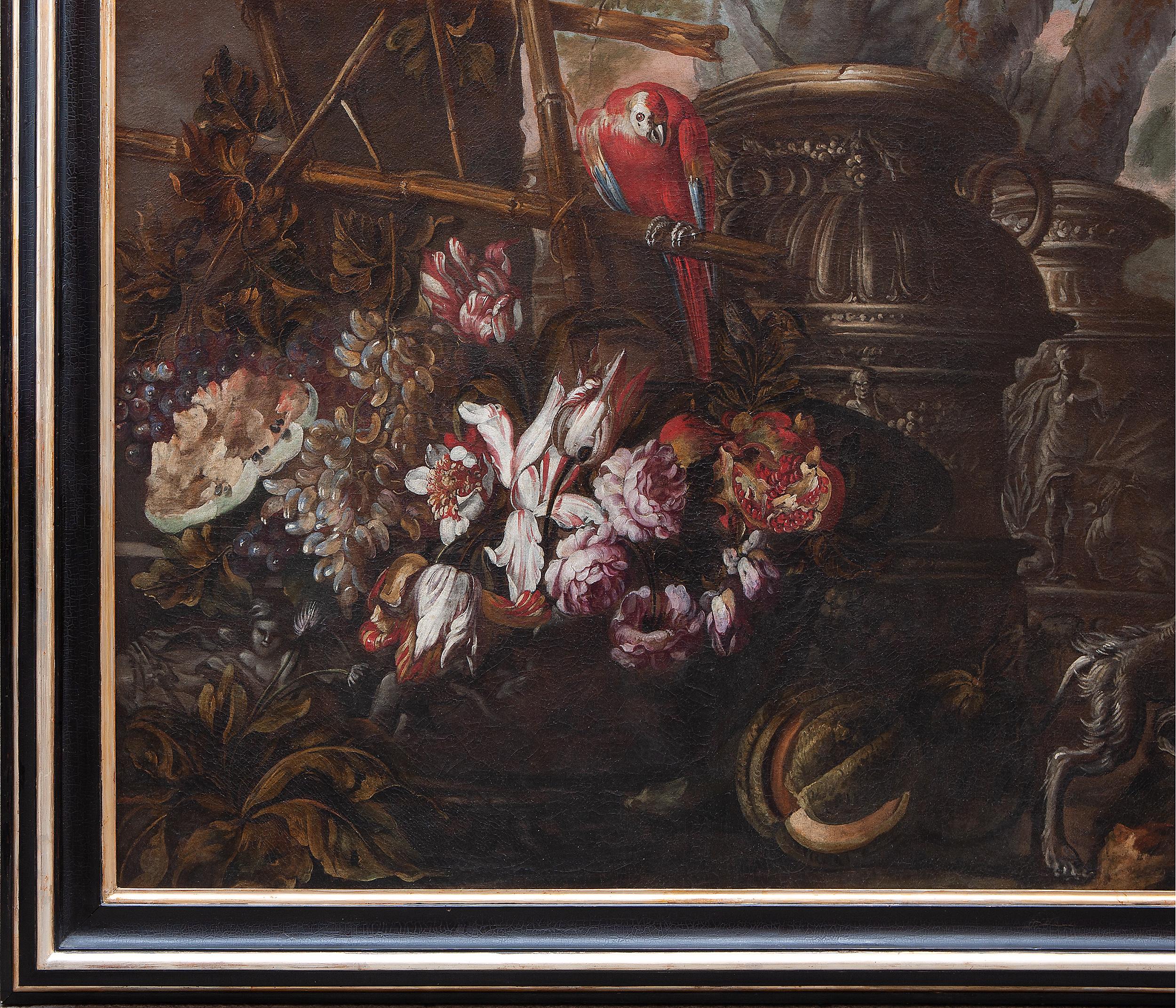 Stilleben mit Blumen, Obst, verzierten Vasen, einem Papagei und einem Affen  (Black), Still-Life Painting, von Unknown