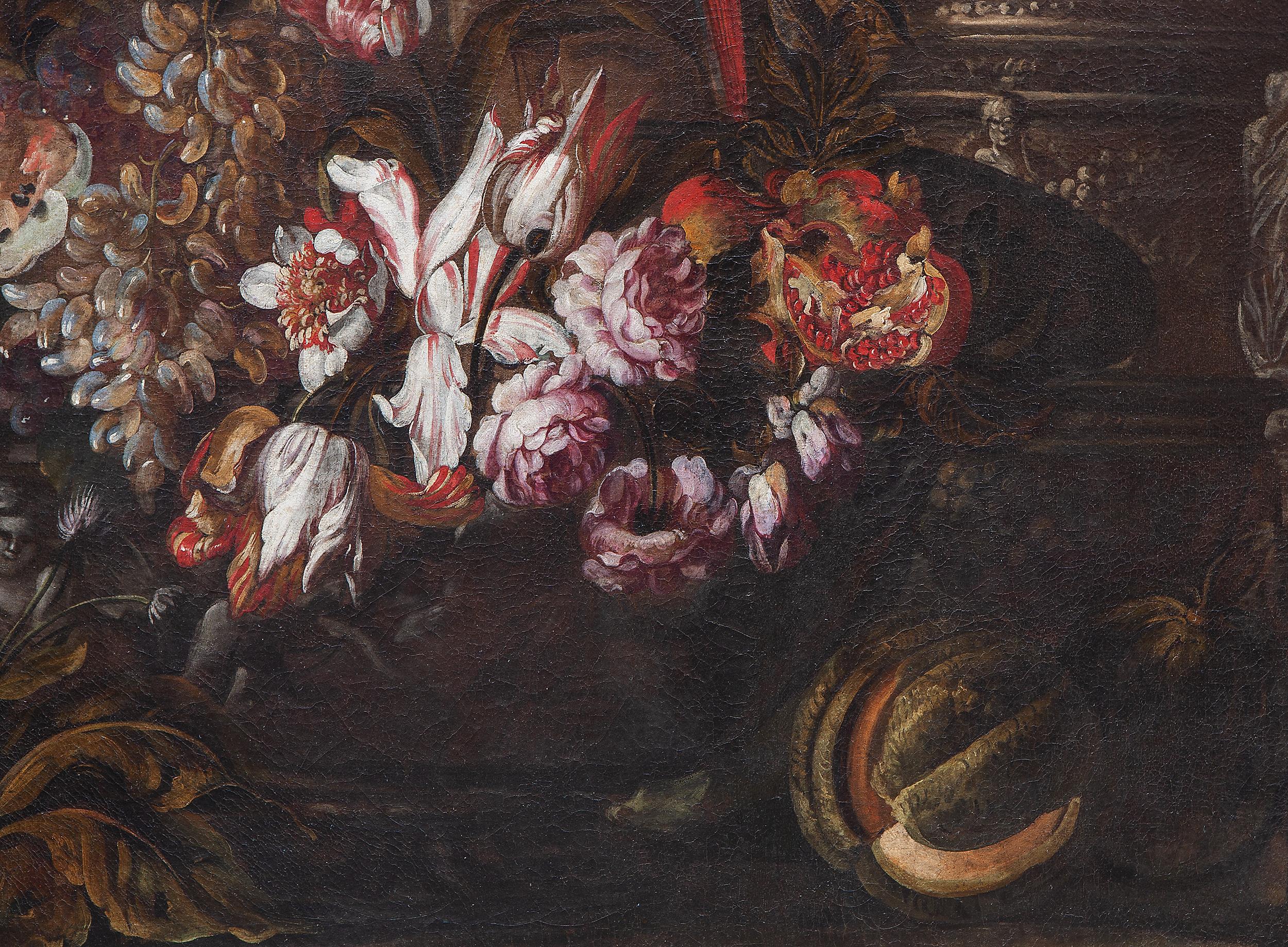NORTHERN ARTIST ACTIVE IN ROME IN THE LAST QUARTER OF THE XVII CENTURY 
Still life with flowers, fruits, historiated vases, a parrot and a monkey 

The painting is part of a pair: the twin can also be seen in the gallery, but they can be purchased