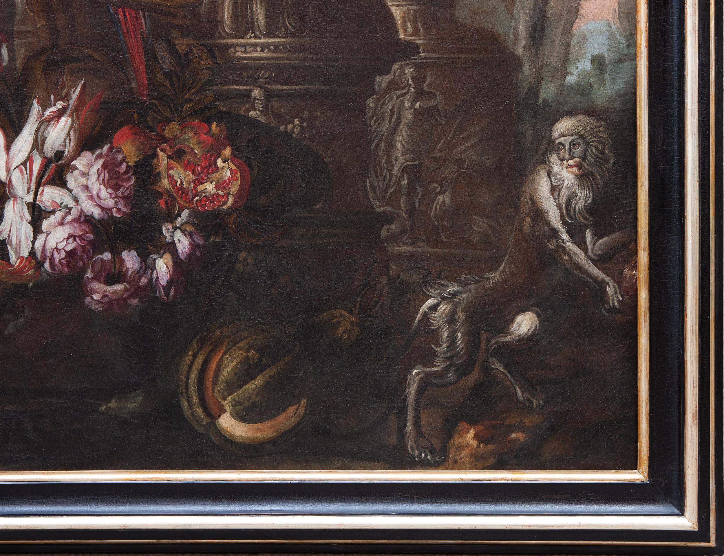 Still life with flowers, fruits, historiated vases, a parrot and a monkey  For Sale 2