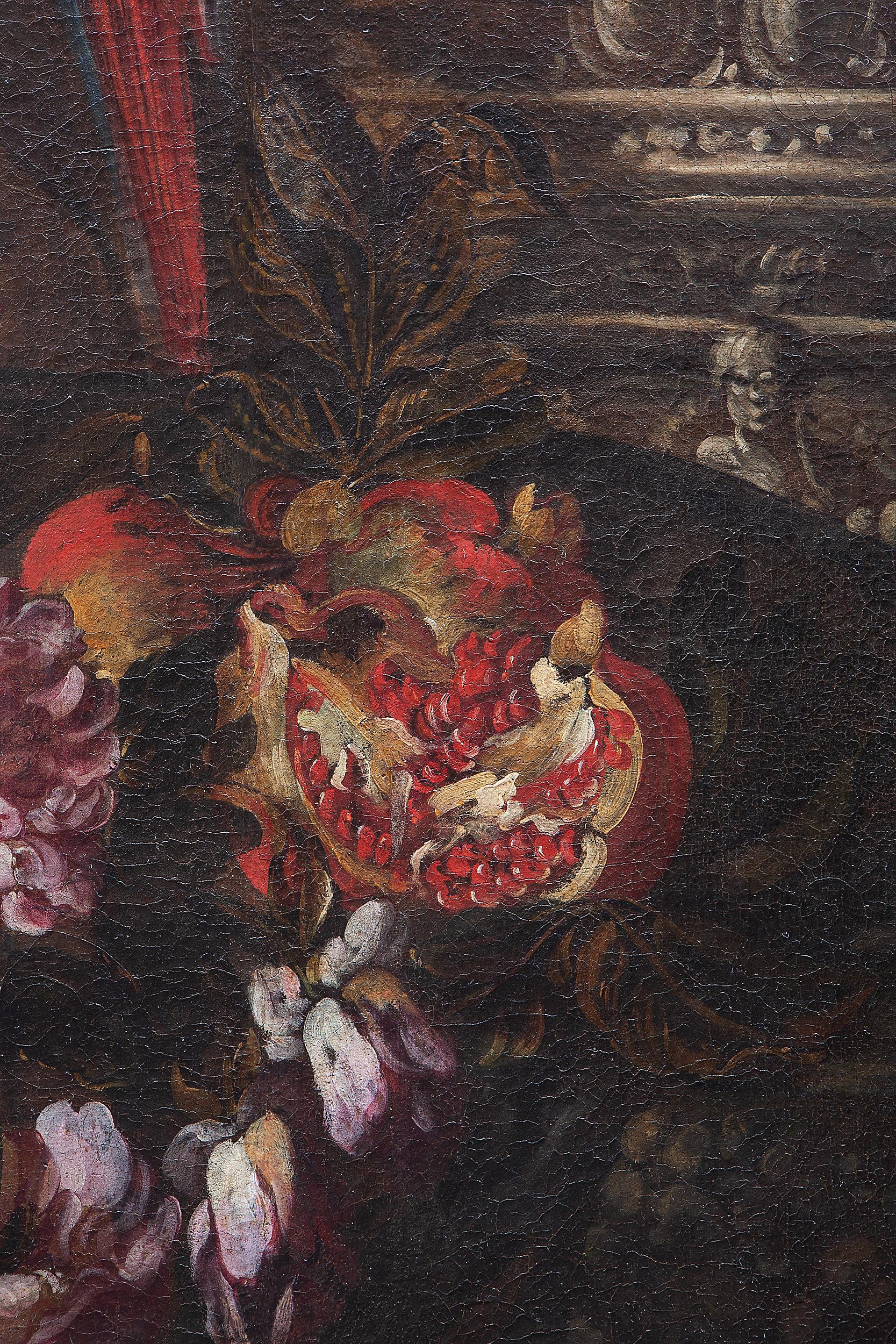 Still life with flowers, fruits, historiated vases, a parrot and a monkey  For Sale 4