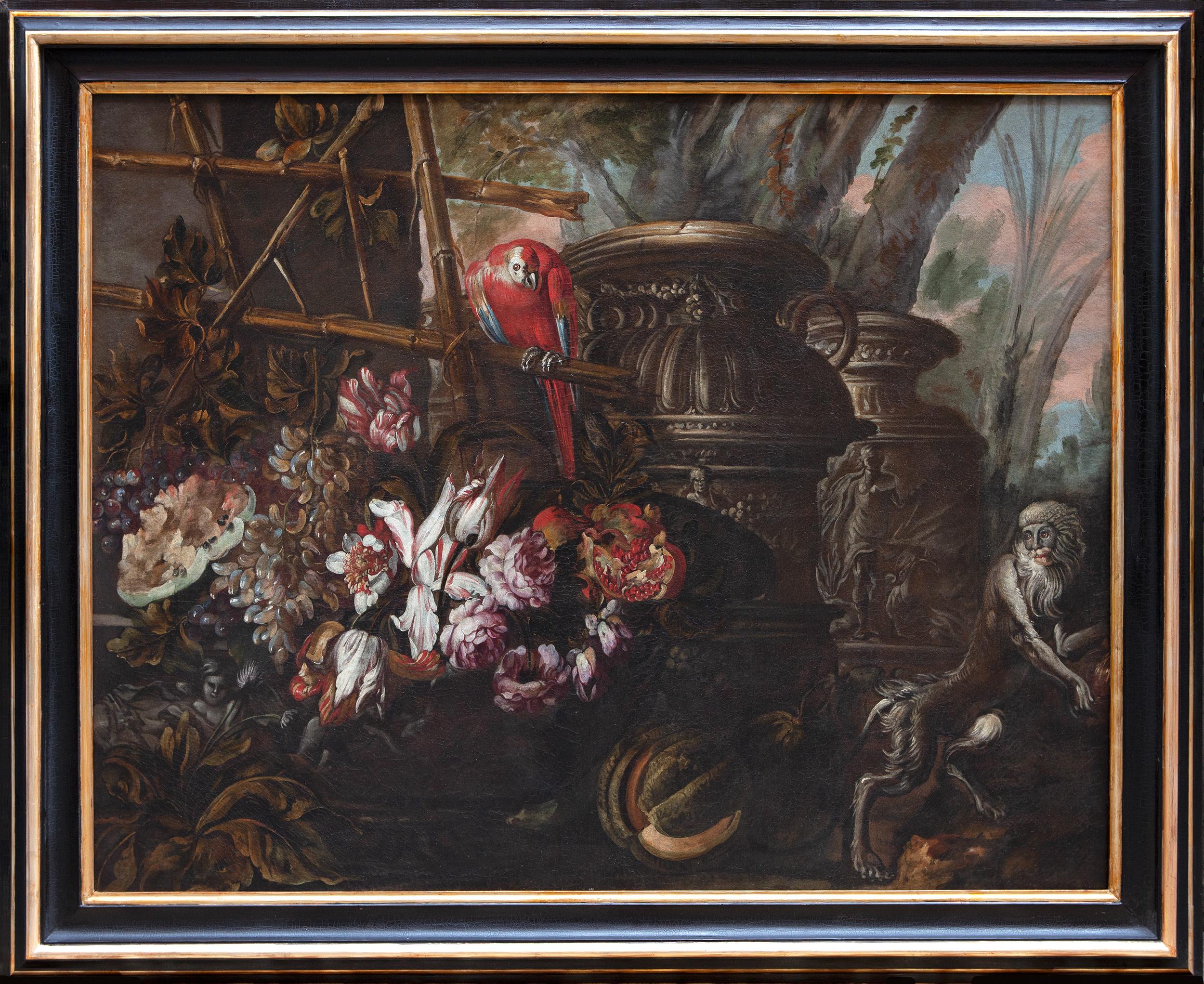 Unknown Still-Life Painting - Still life with flowers, fruits, historiated vases, a parrot and a monkey 
