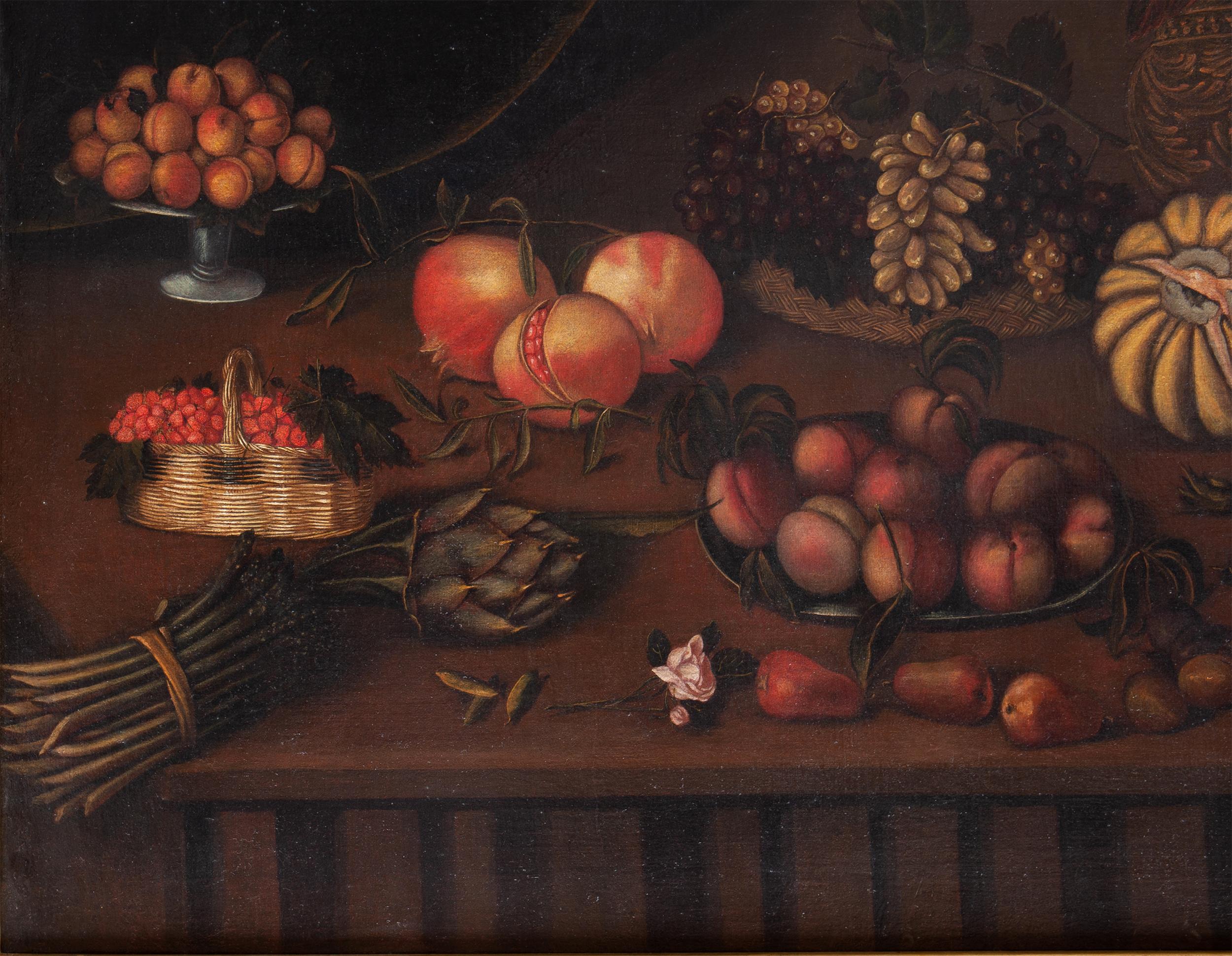 Natura morta con frutti, verdure e vaso con fiori su un ripiano in pietra  - Painting by Unknown
