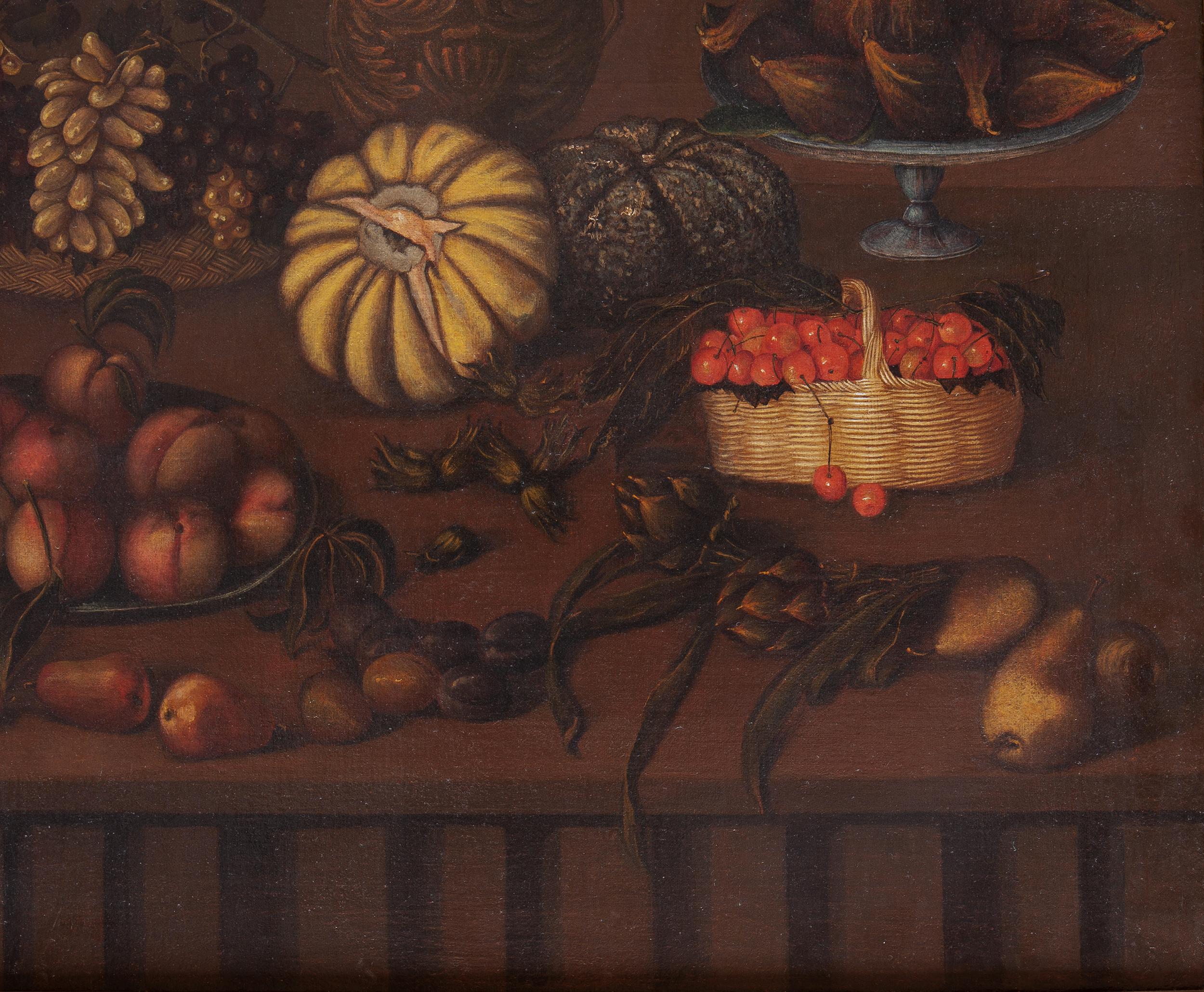 Natura morta con frutti, verdure e vaso con fiori su un ripiano in pietra  - Black Still-Life Painting by Unknown