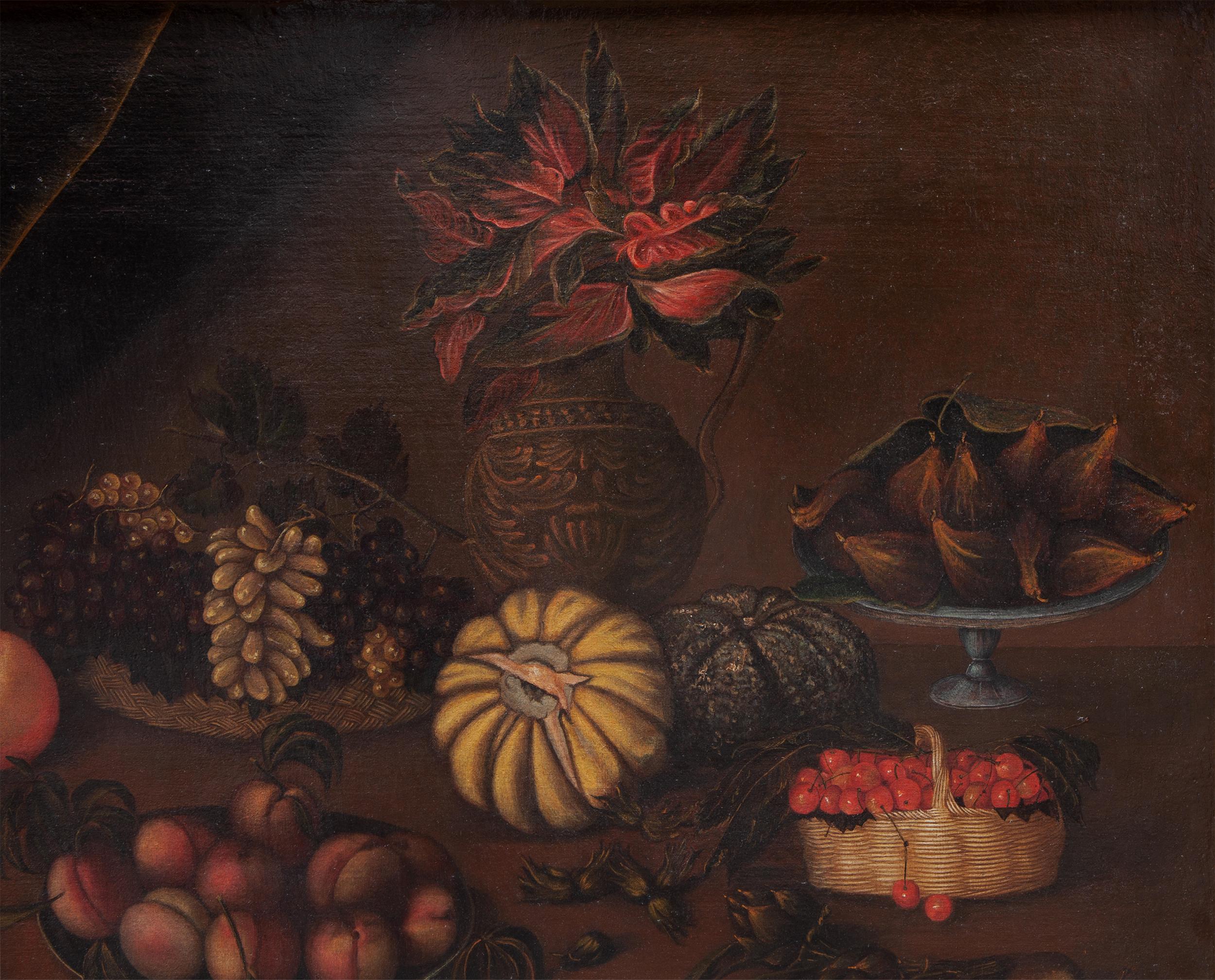 Natura morta con frutti, verdure e vaso con fiori su un ripiano in pietra  - Black Still-Life Painting by Unknown