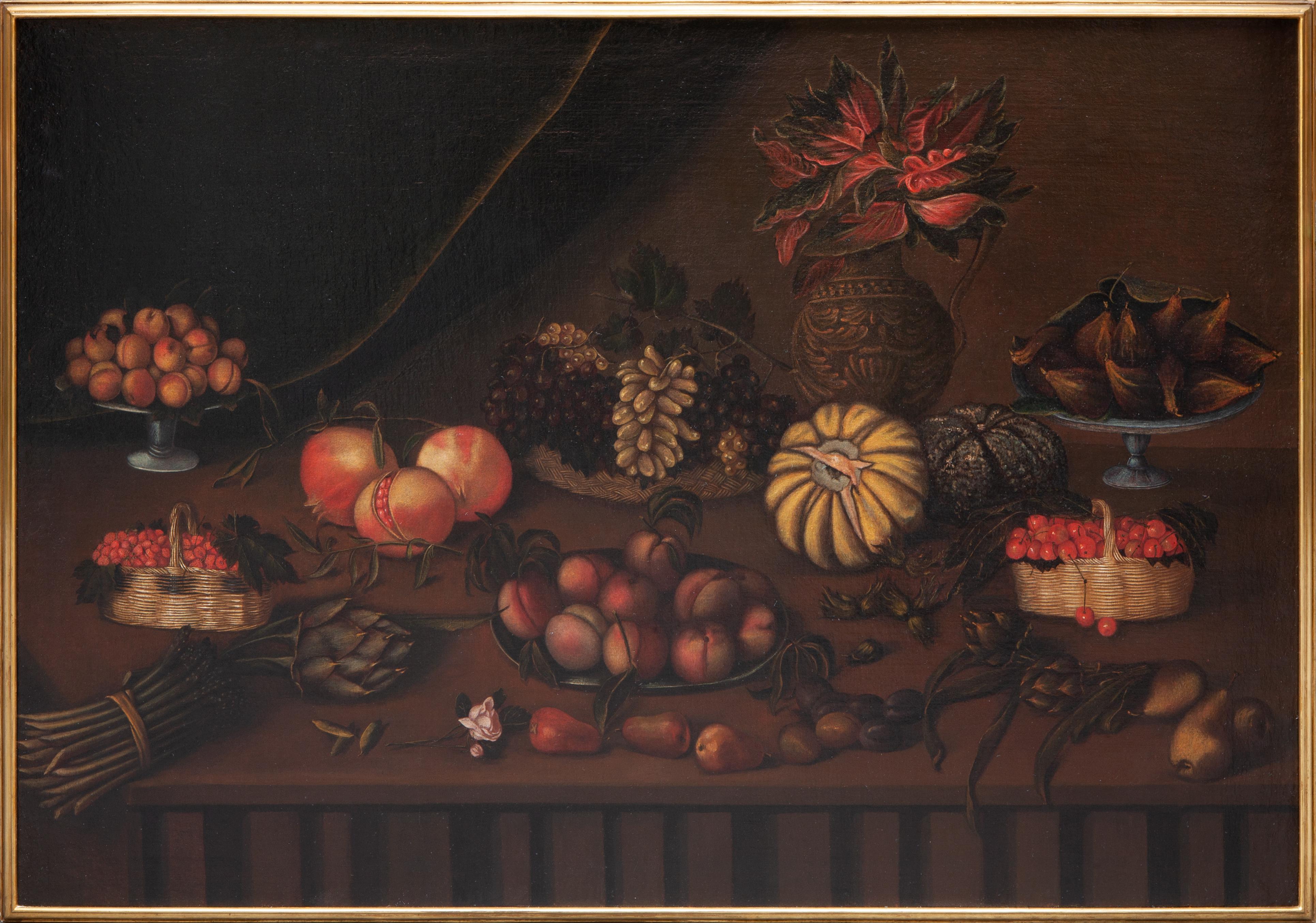 Unknown Still-Life Painting - Natura morta con frutti, verdure e vaso con fiori su un ripiano in pietra 