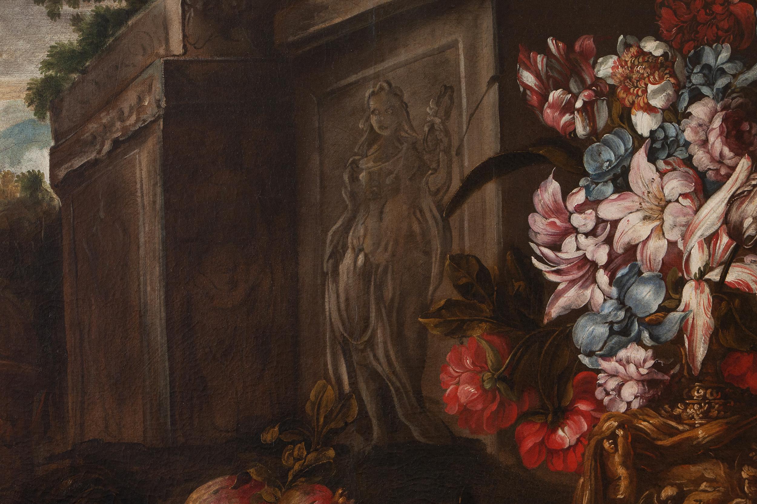 Still life with vase of flowers, fruits and architectural ruins  For Sale 6