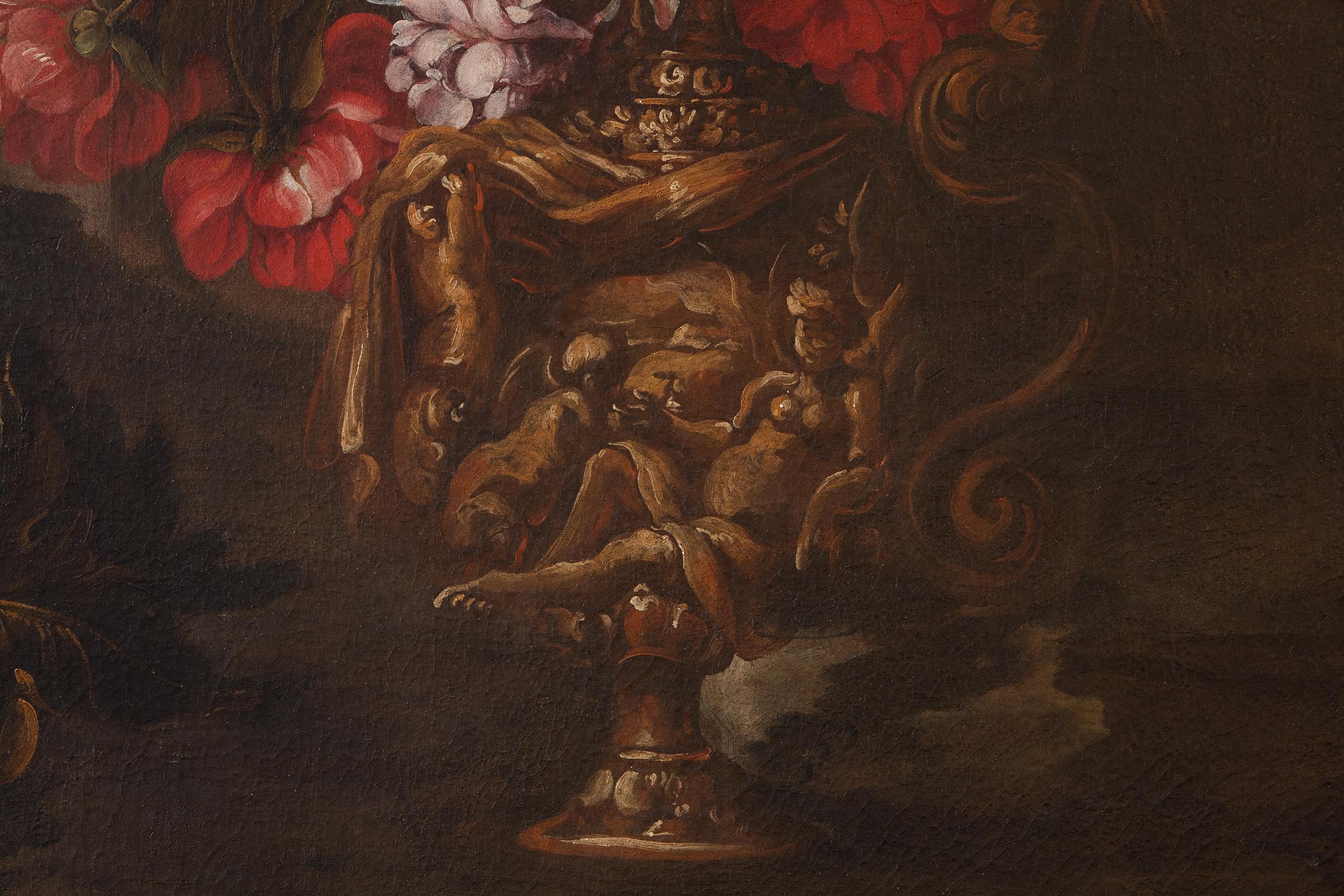 Stilleben mit Blumenvase, Obst und Bauruinen im Angebot 10