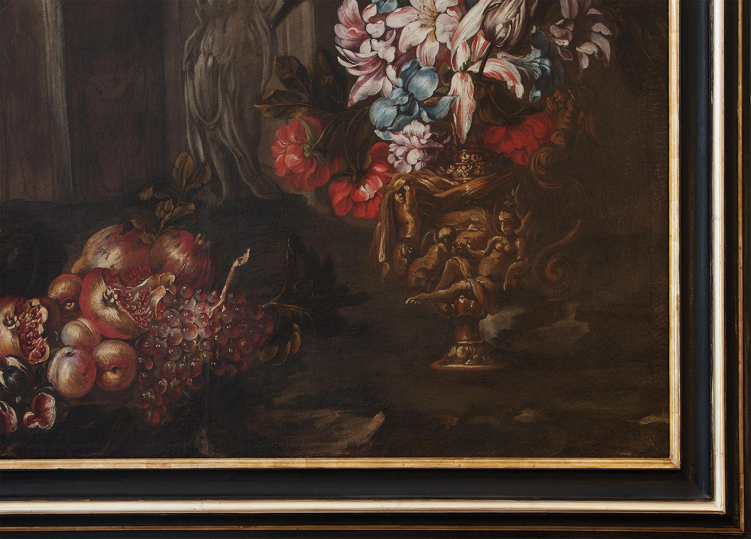 Still life with vase of flowers, fruits and architectural ruins  - Painting by Unknown