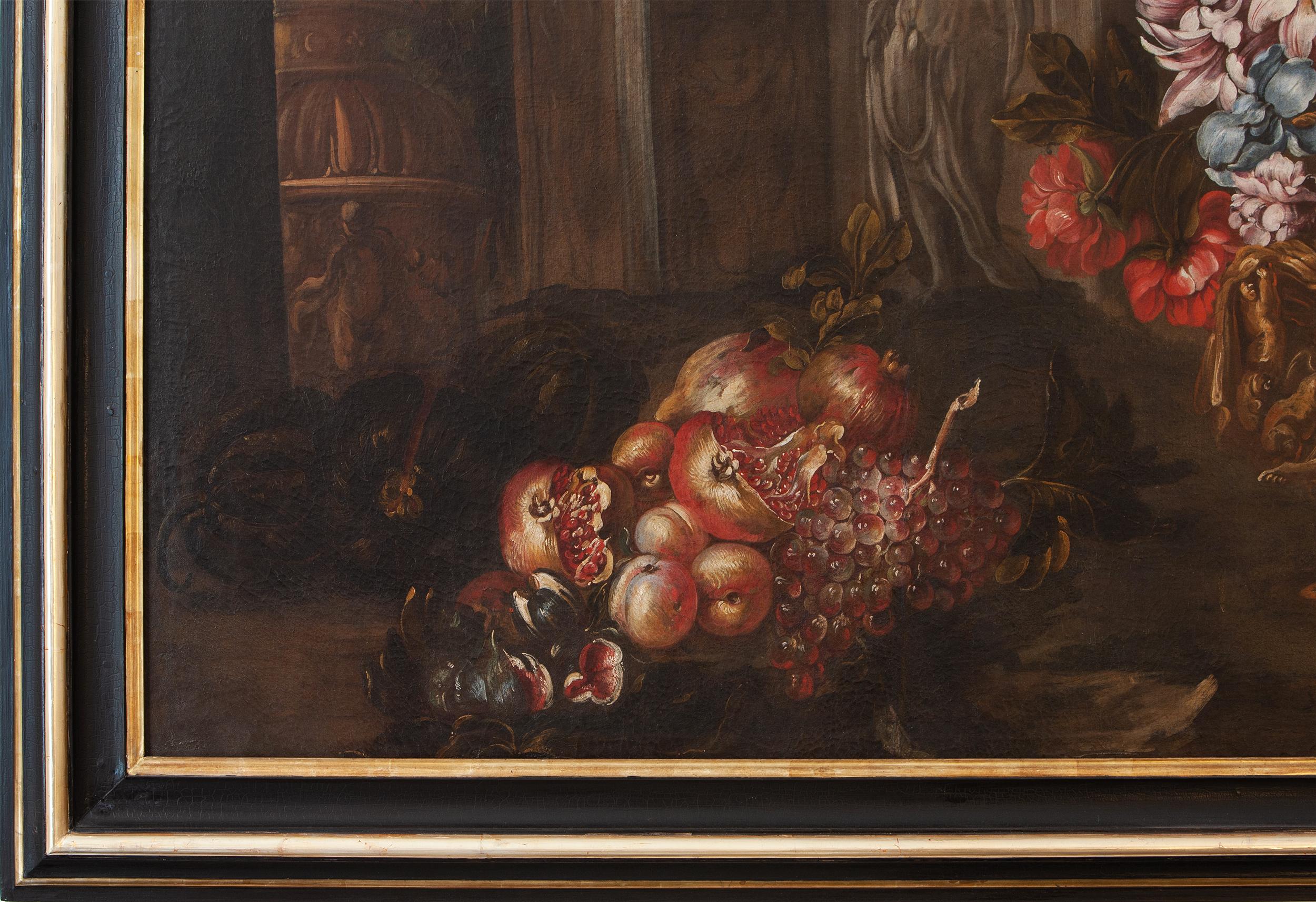 Stilleben mit Blumenvase, Obst und Bauruinen  (Black), Still-Life Painting, von Unknown