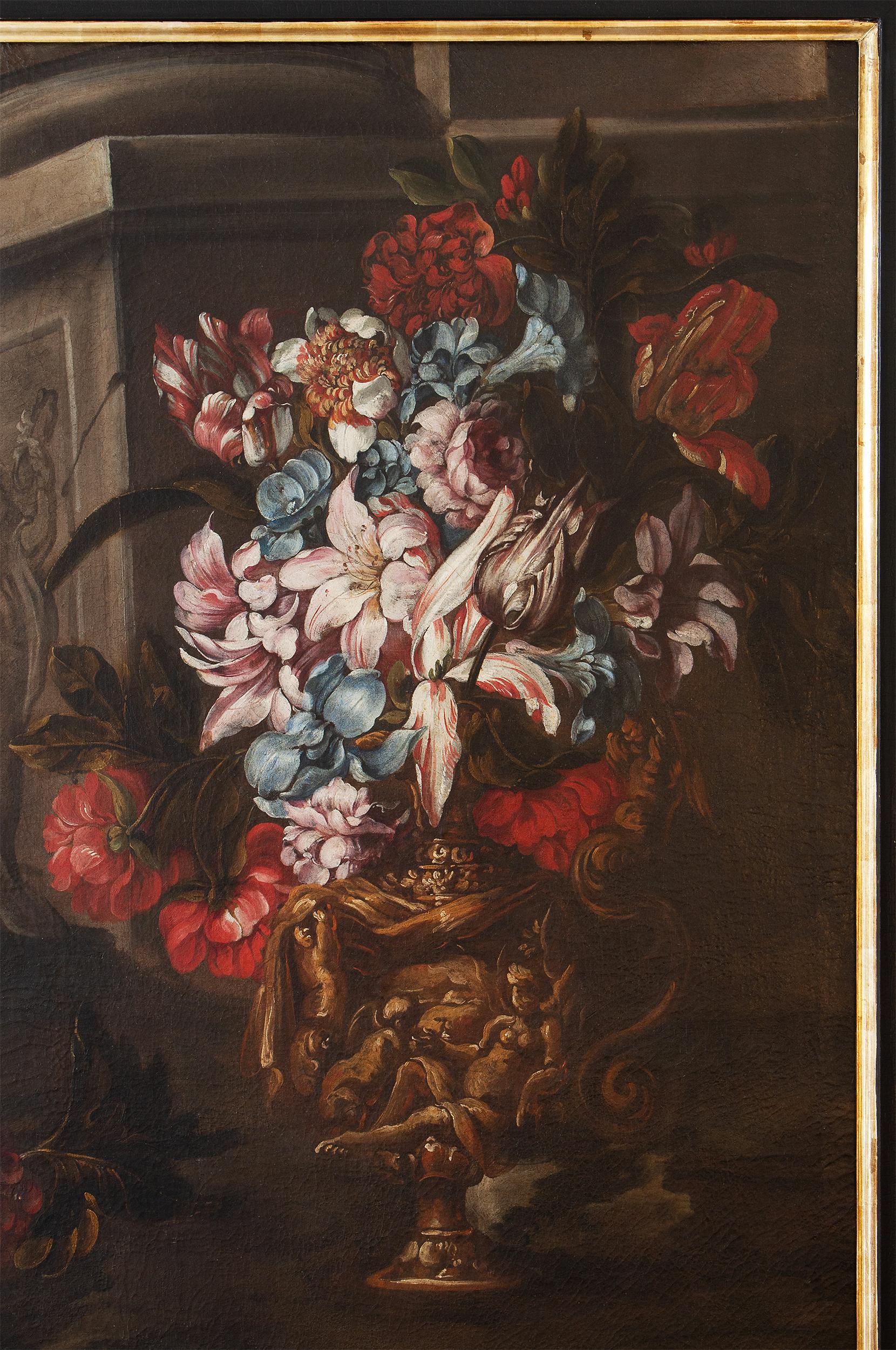 Still life with vase of flowers, fruits and architectural ruins  For Sale 1