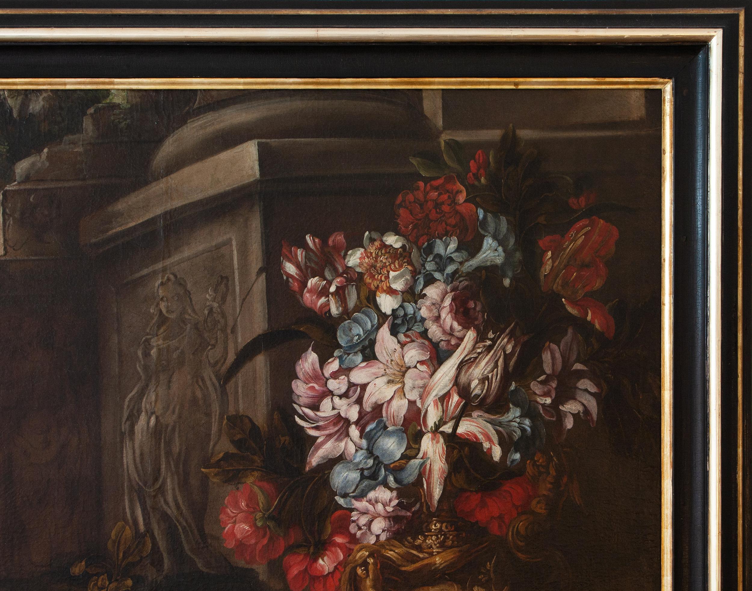 Still life with vase of flowers, fruits and architectural ruins  For Sale 4