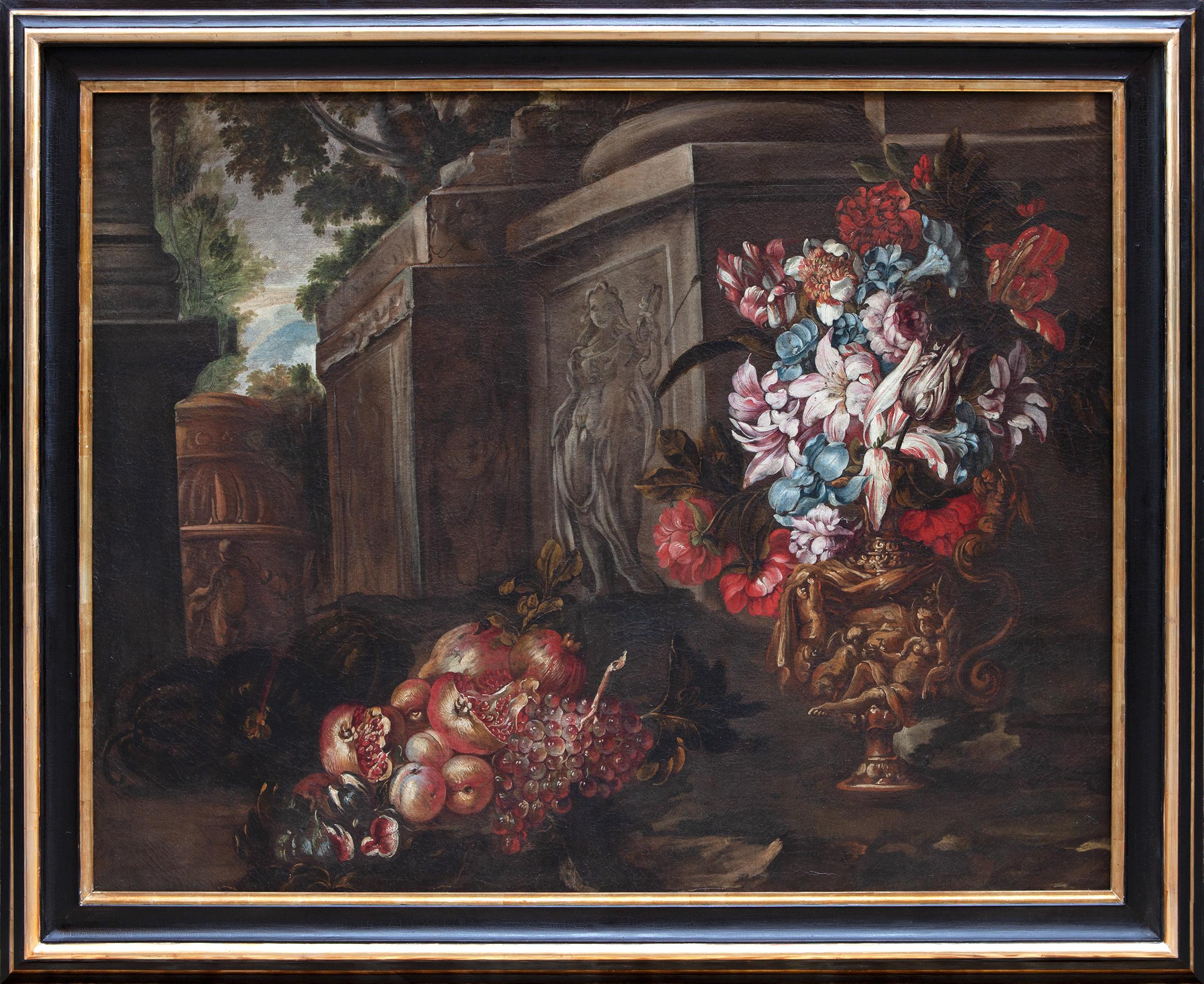 Still-Life Painting Unknown - Nature morte avec vase de fleurs, fruits et ruines architecturales 